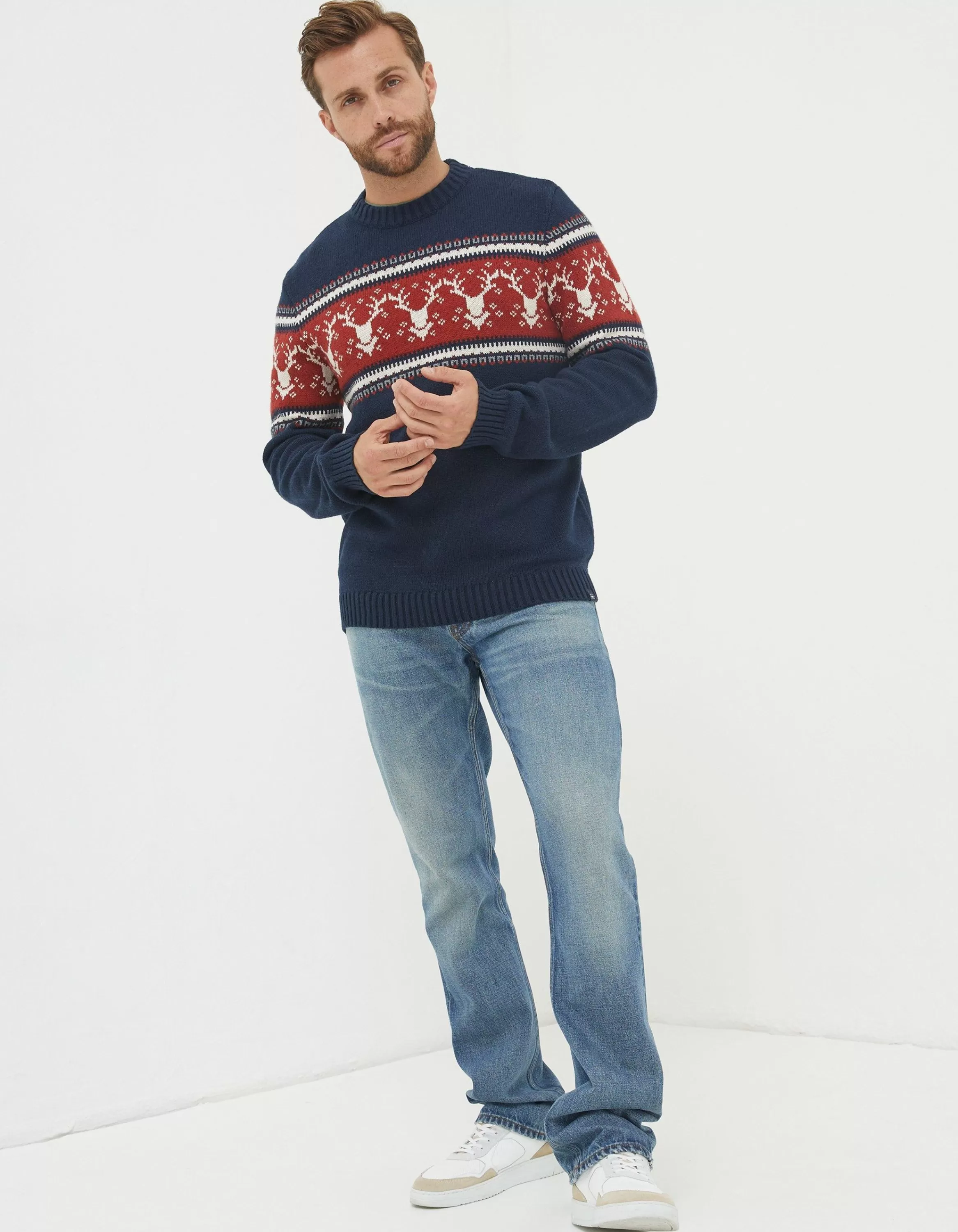 Discount FatFace Reindeer Crew Neck Jumper Navy