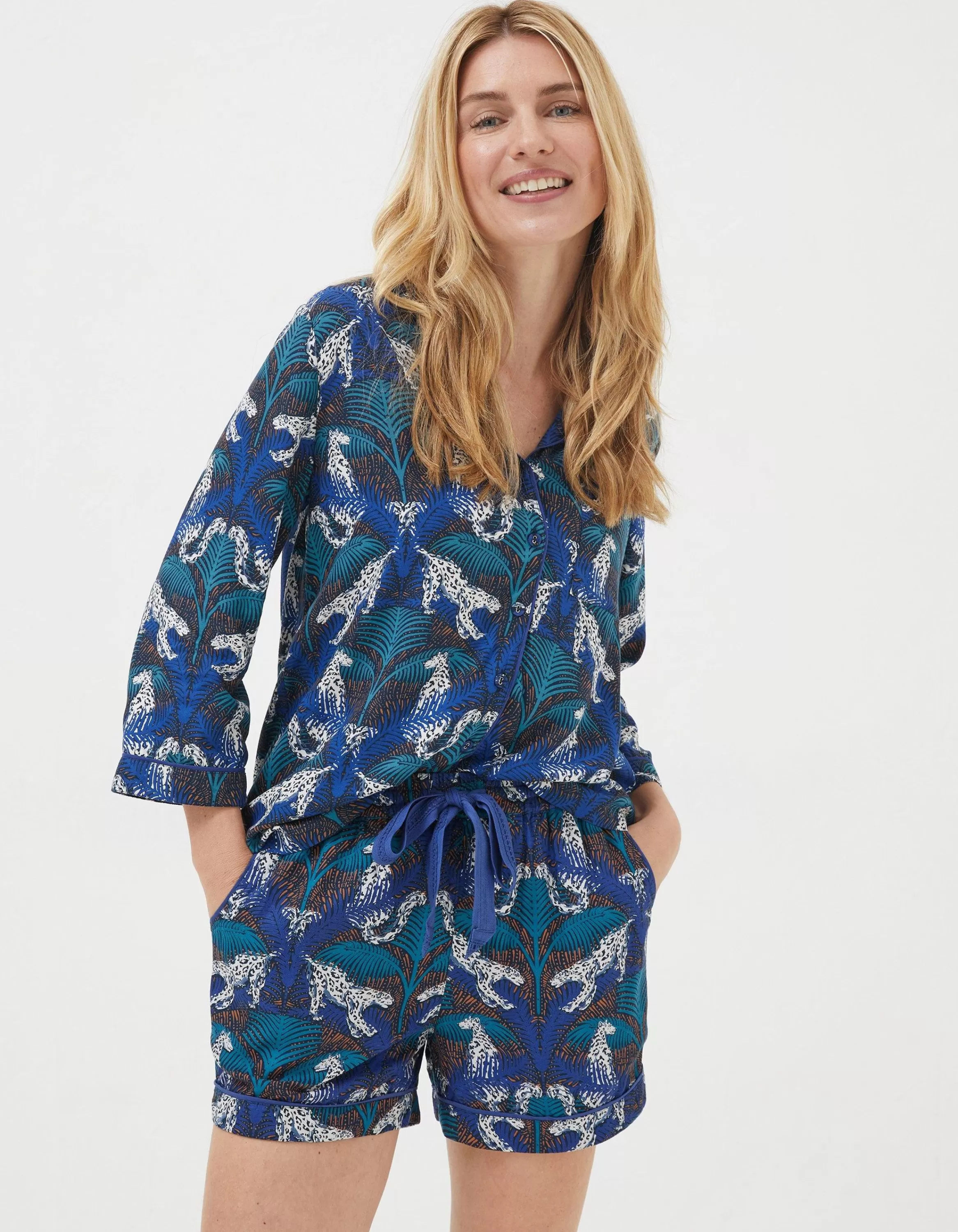 Fashion FatFace Sadie Snow Leopard Pyjama Shorts Cobalt Blue