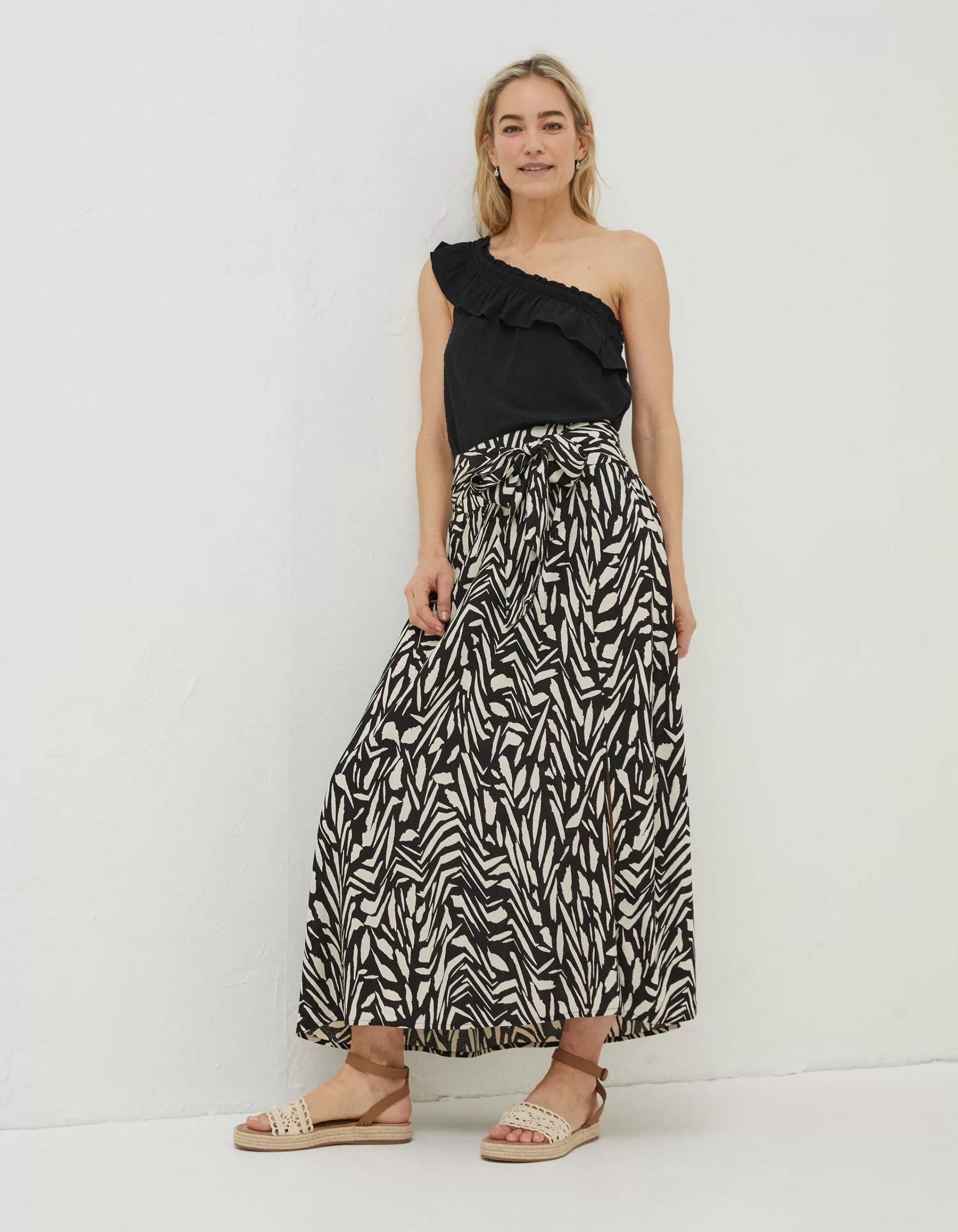 New FatFace Sasha Paintstroke Midi Skirt Black