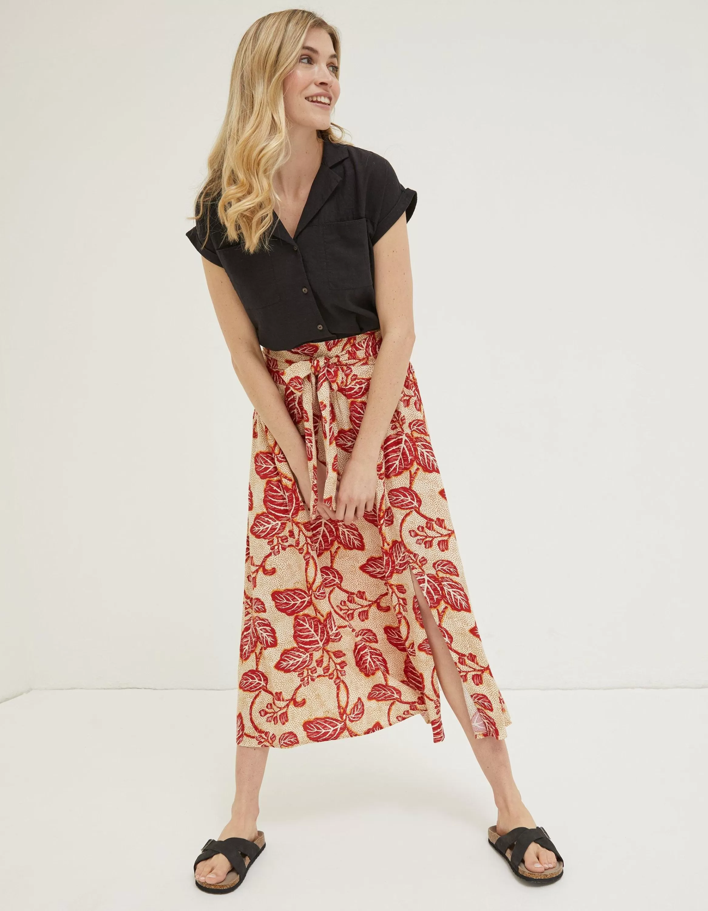 Online FatFace Sasha Vine Floral Midi Skirt Cream