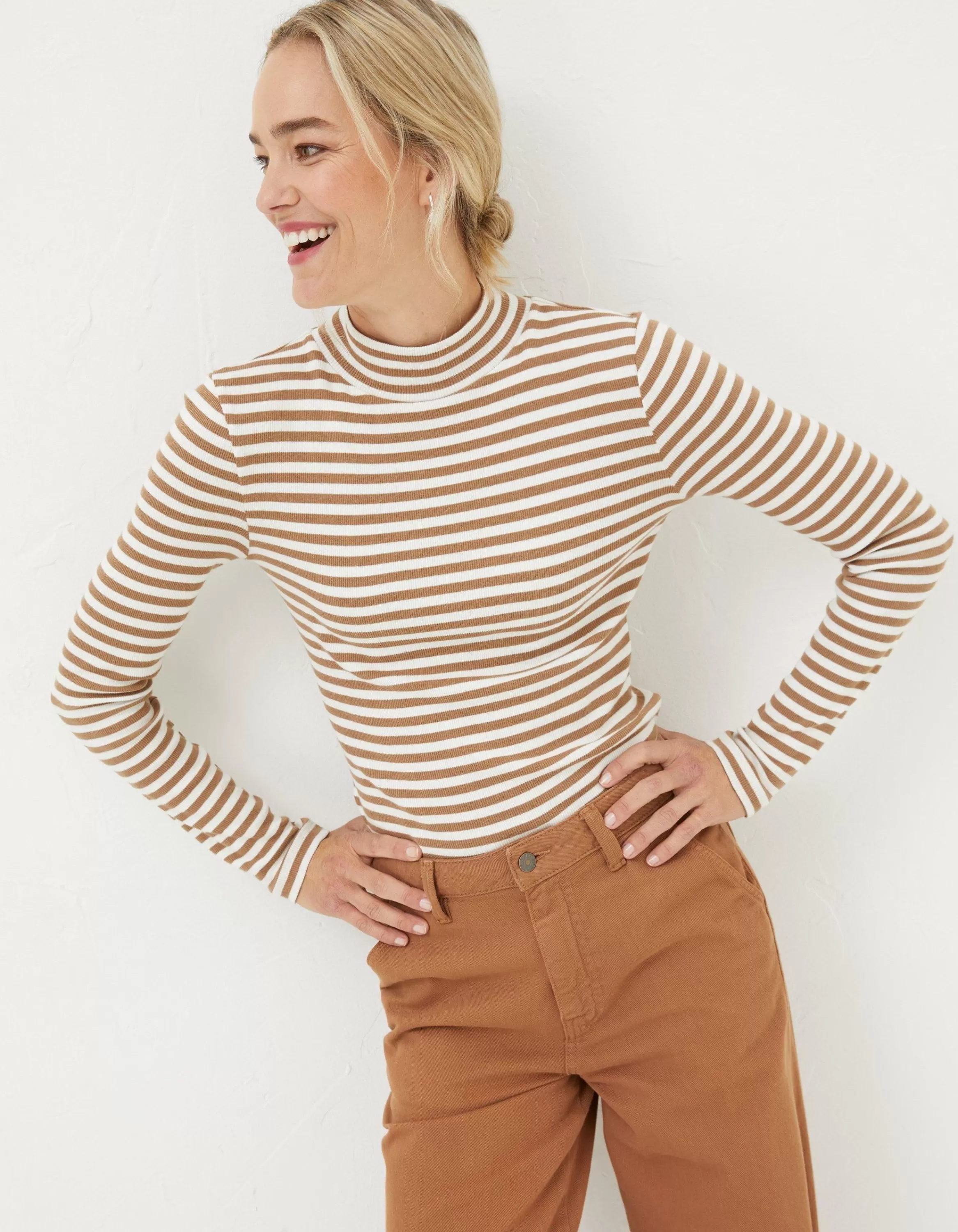 Cheap FatFace Selina Stripe Roll Neck Top Tan