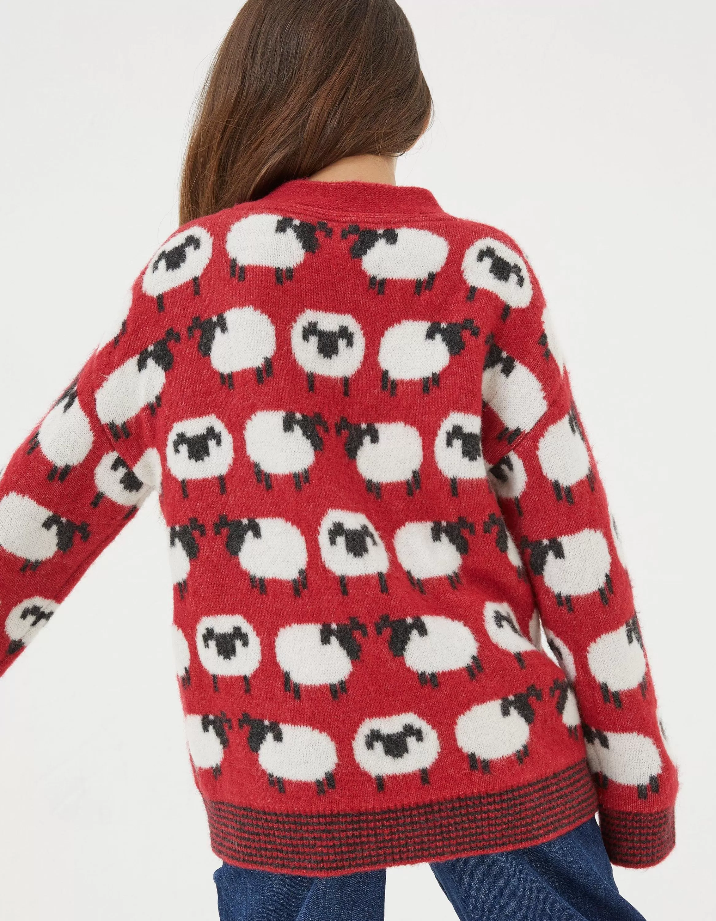 Cheap FatFace Shelter Stevie Sheep Crew Neck Jumper Cherry Red