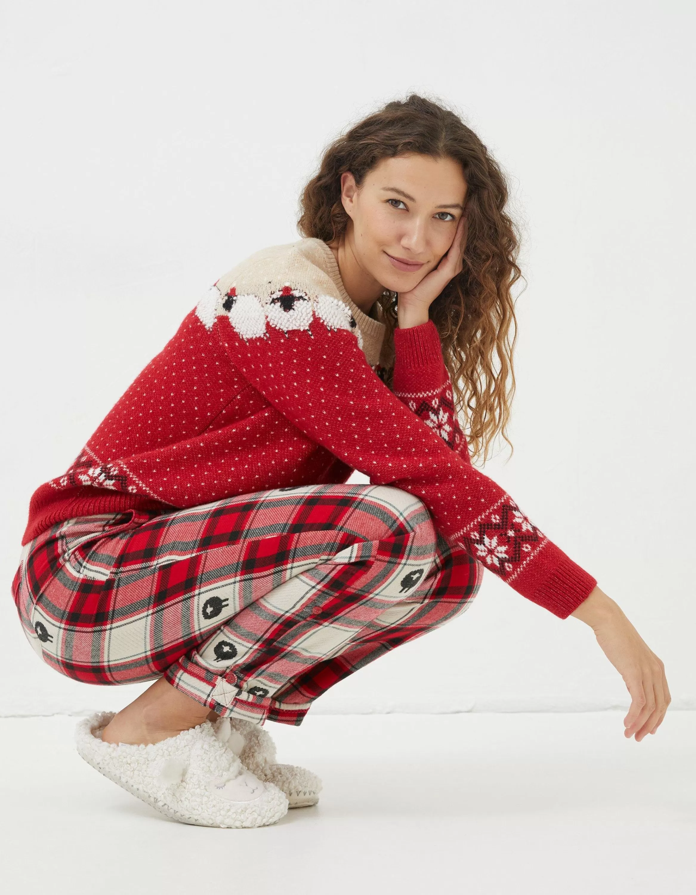 Store FatFace Shelter Stevie Sheep Jacquard Pyjama Bottoms Red