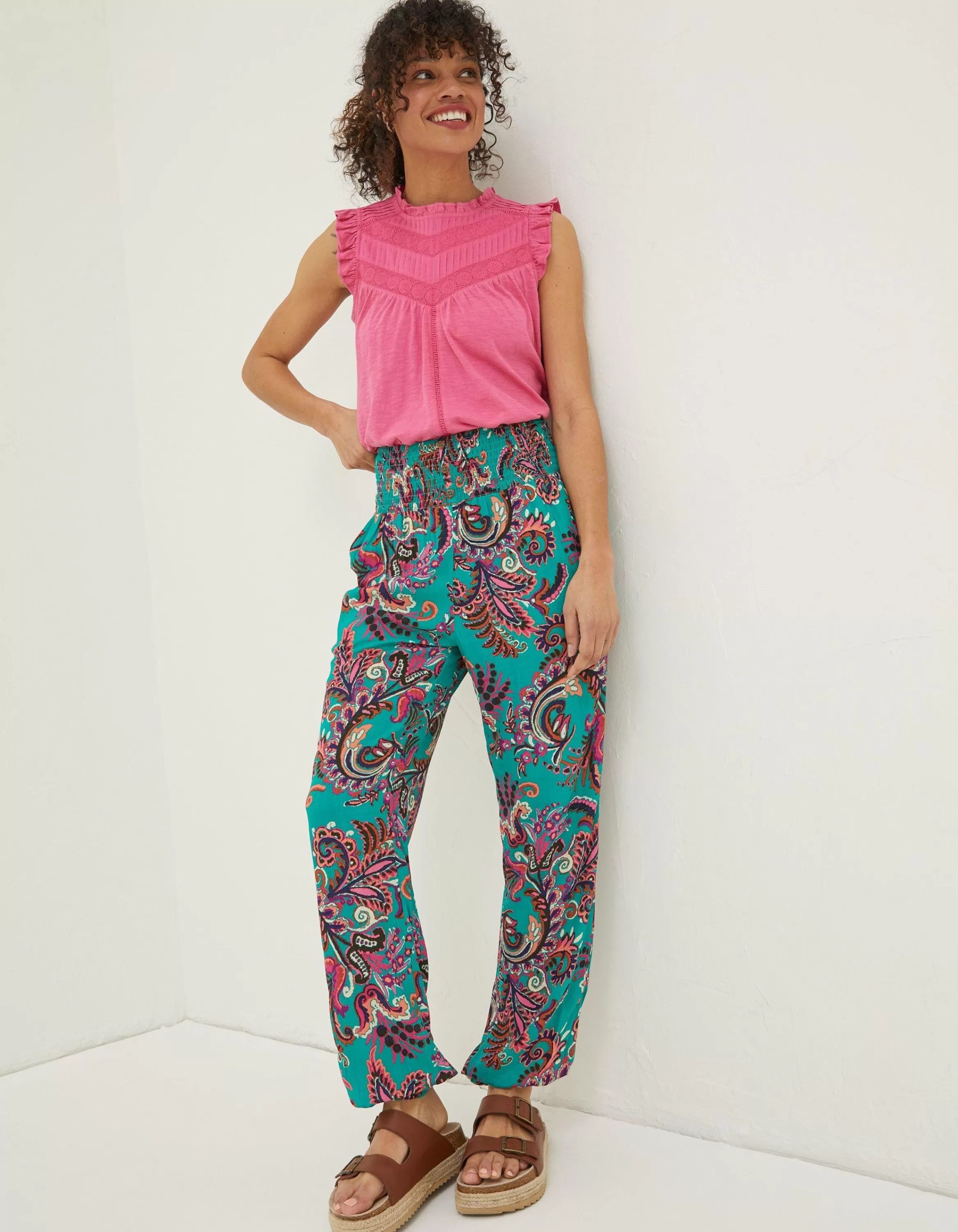 Sale FatFace Shirred Festival Trousers Teal Green