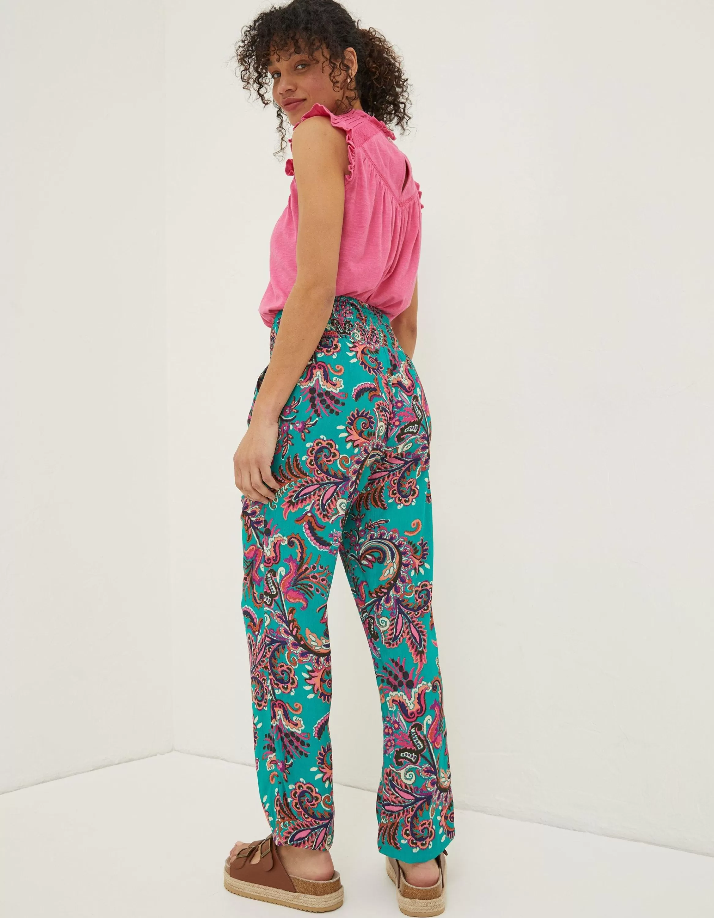 Sale FatFace Shirred Festival Trousers Teal Green