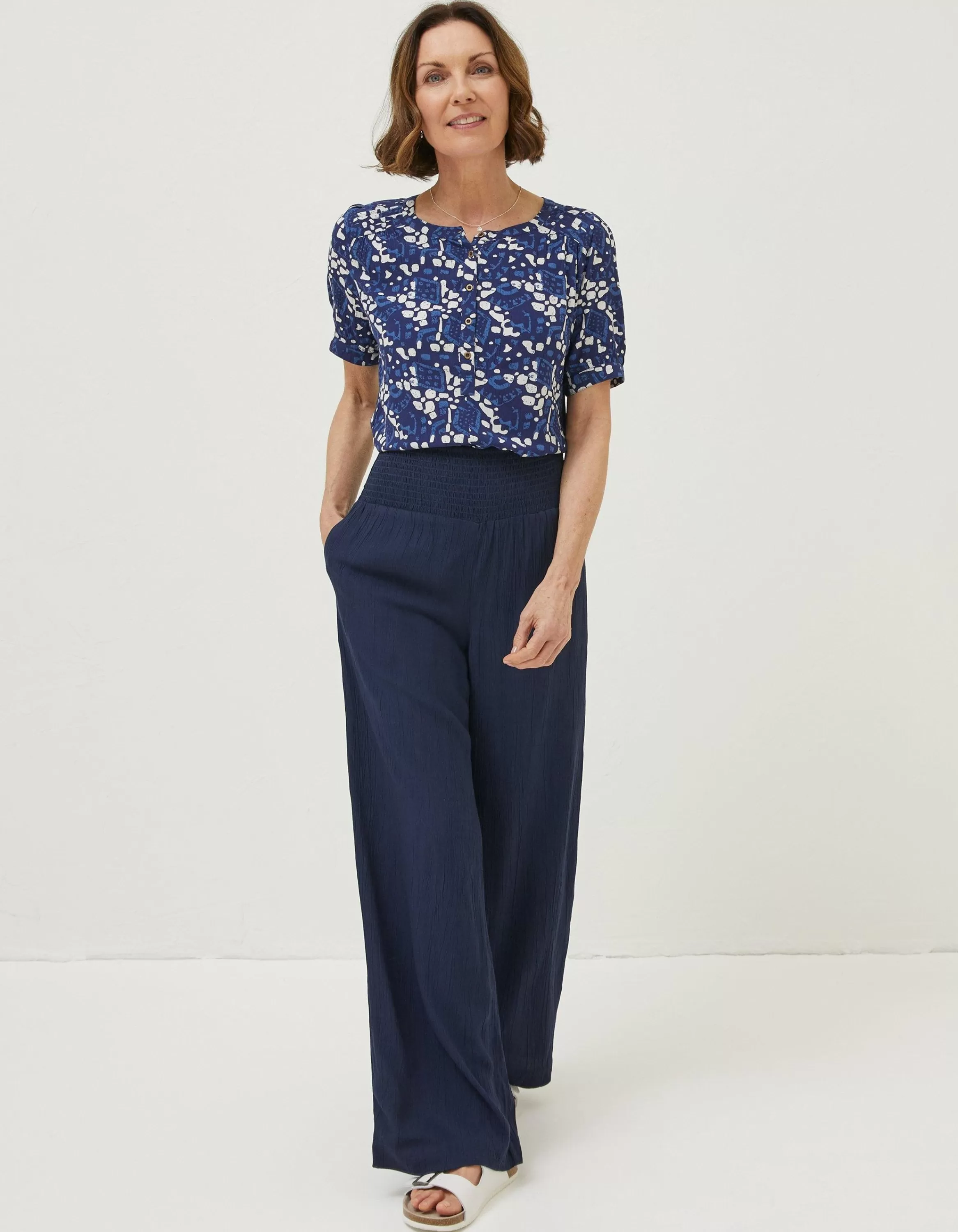 New FatFace Shirred Plain Palazzo Trousers Navy