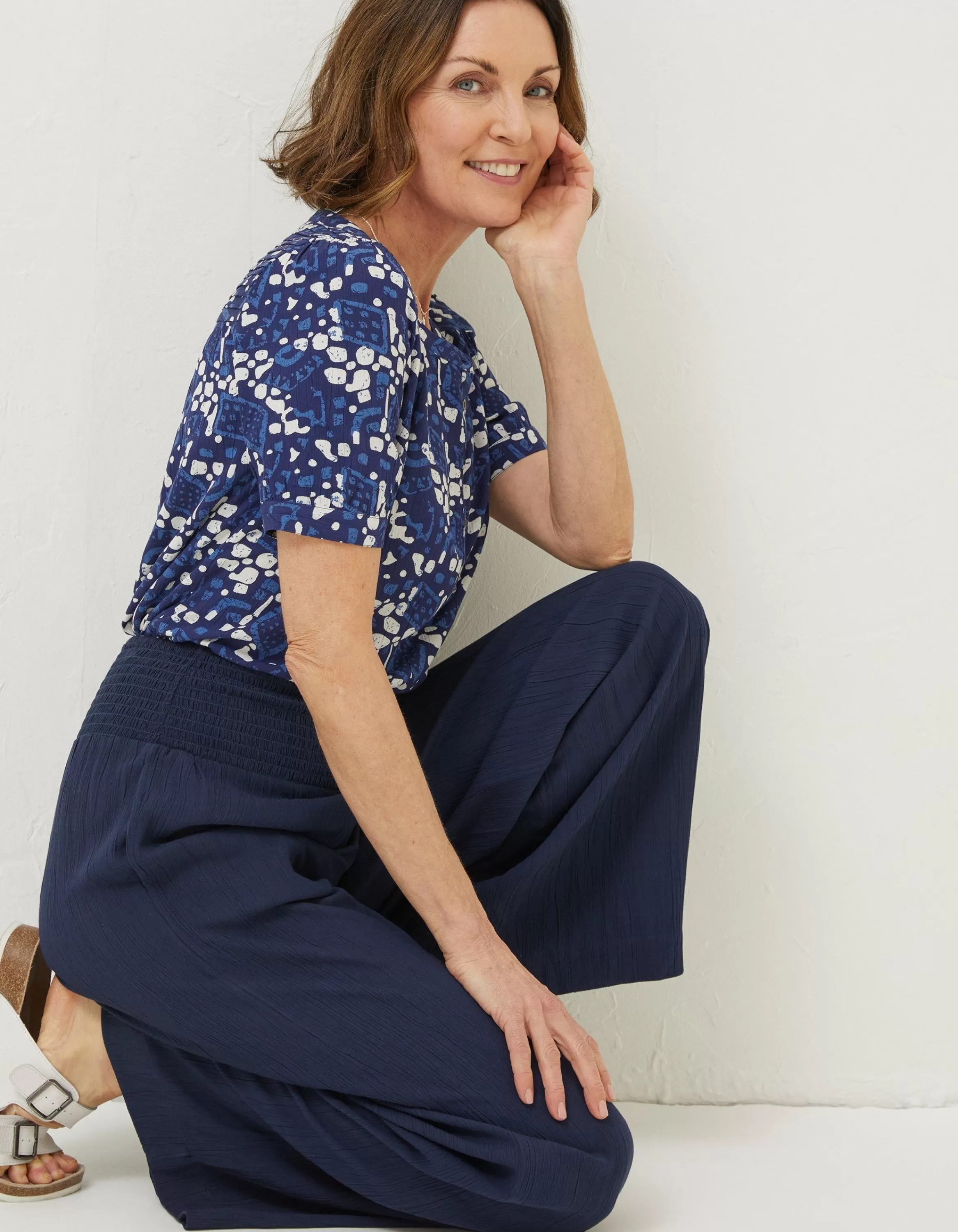 New FatFace Shirred Plain Palazzo Trousers Navy