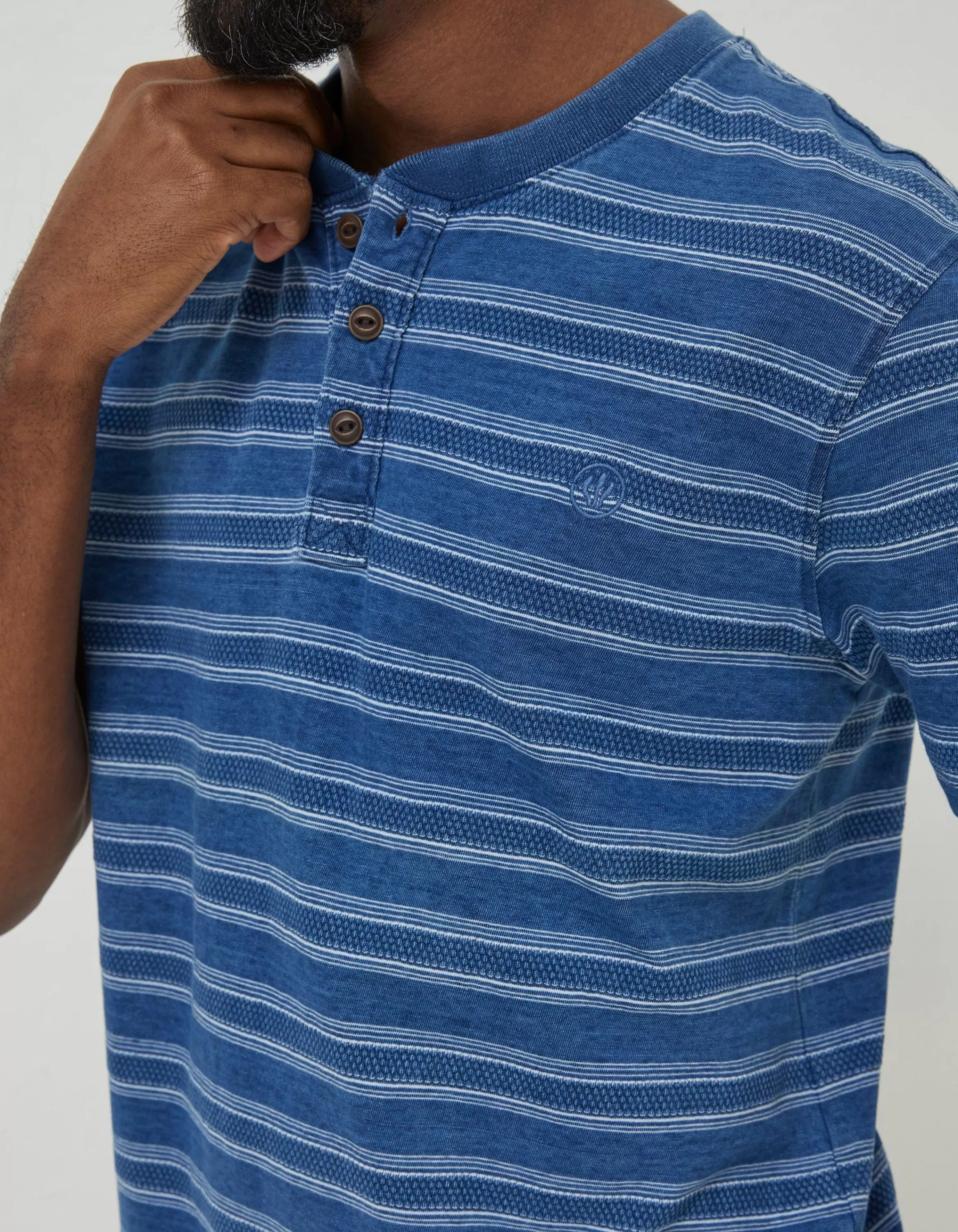 Hot FatFace Short Sleeve Indigo Texture Henley Blue