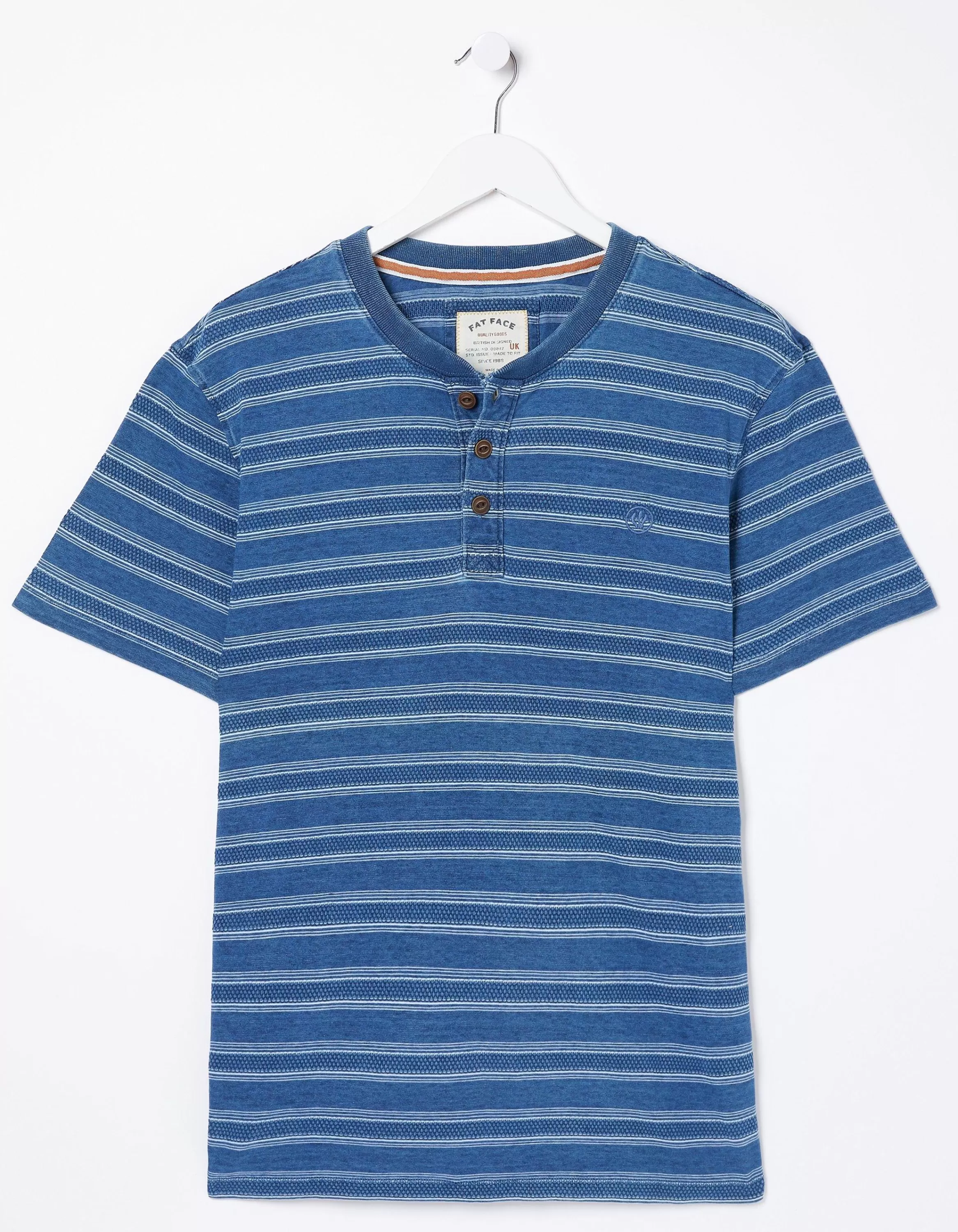 Hot FatFace Short Sleeve Indigo Texture Henley Blue