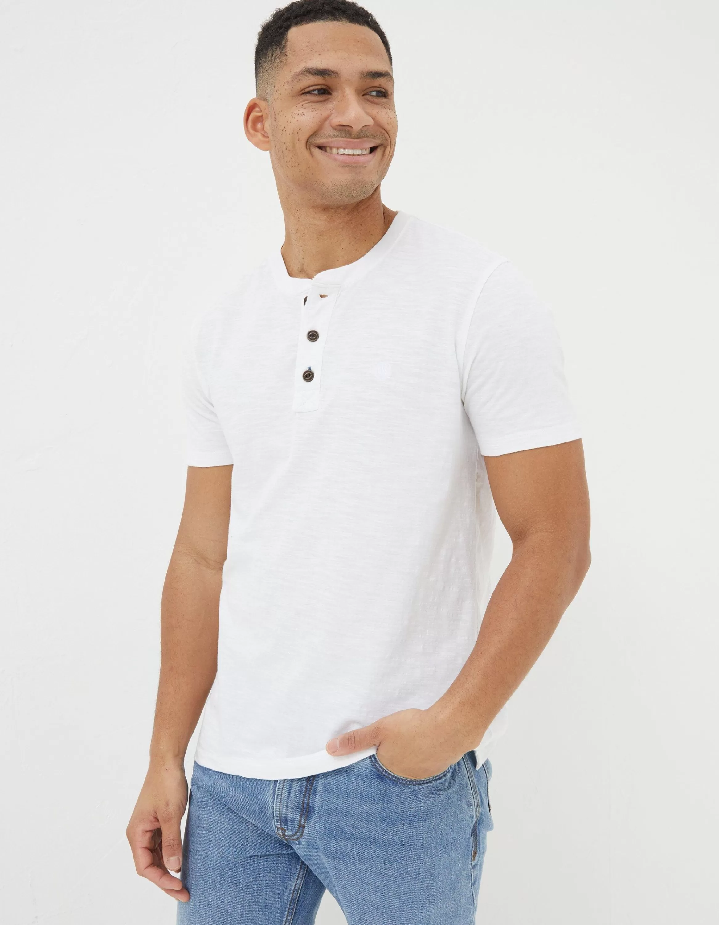 Discount FatFace Short Sleeve Slub Henley T-Shirt White