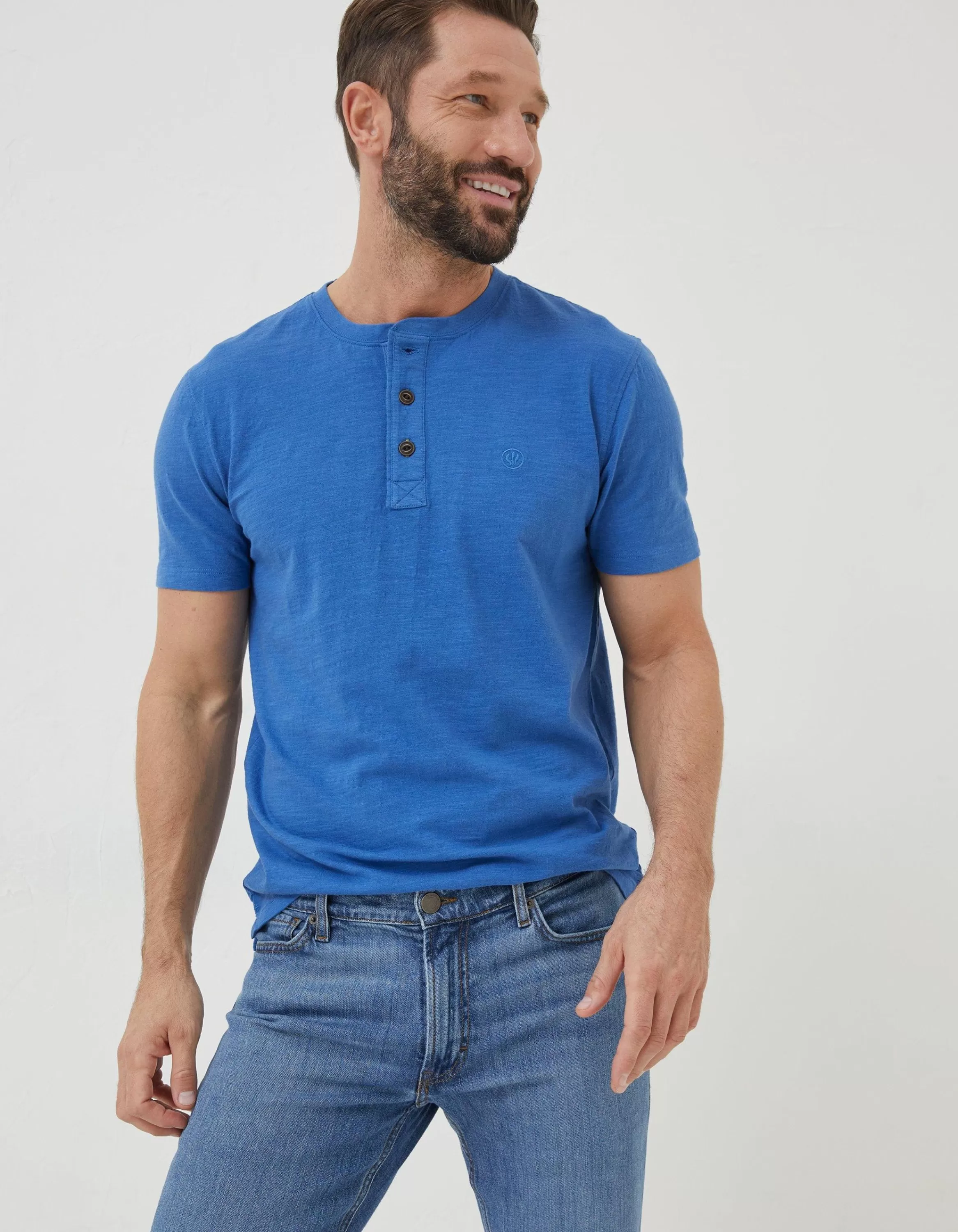 New FatFace Slub Henley T-Shirt Cobalt Blue