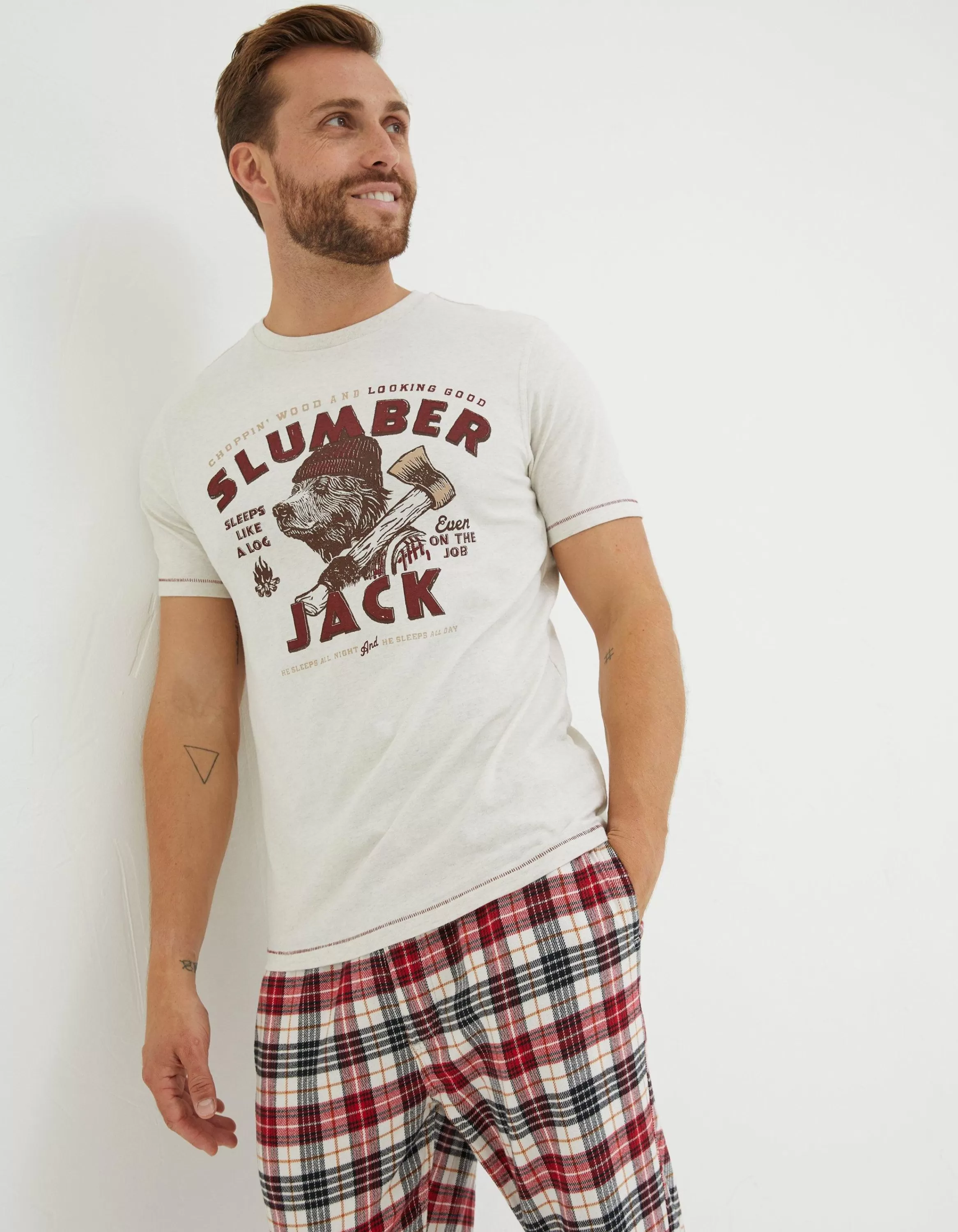 Best Sale FatFace Slumber Jack T-Shirt Ivory Marl