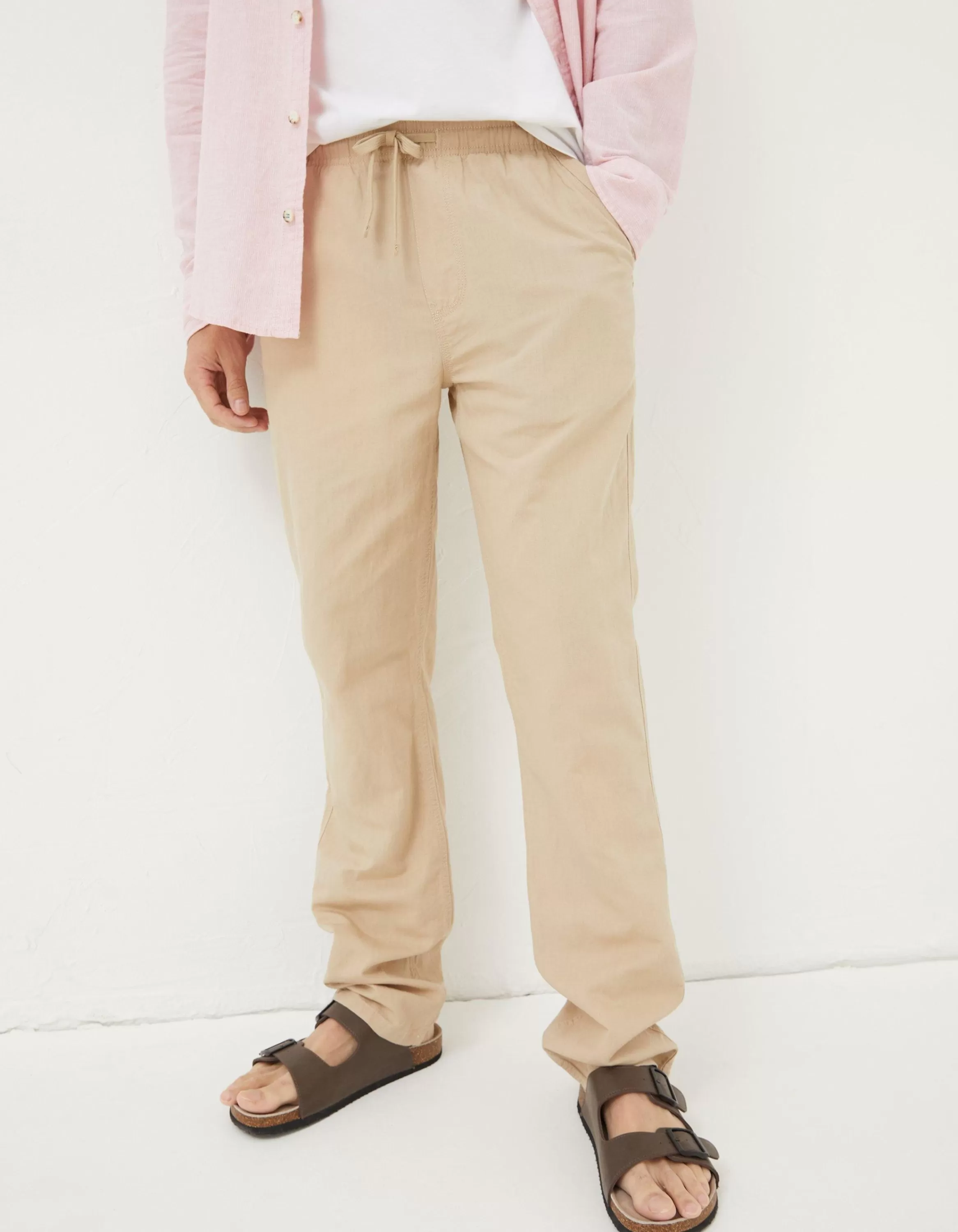 Online FatFace Straight Cotton Linen Trousers Light Stone