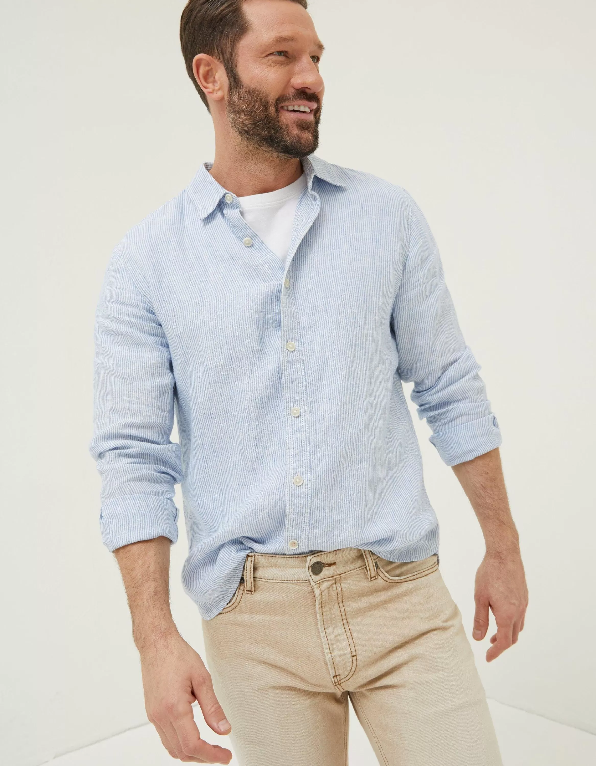 Hot FatFace Stripe Linen Shirt Chambray Blue