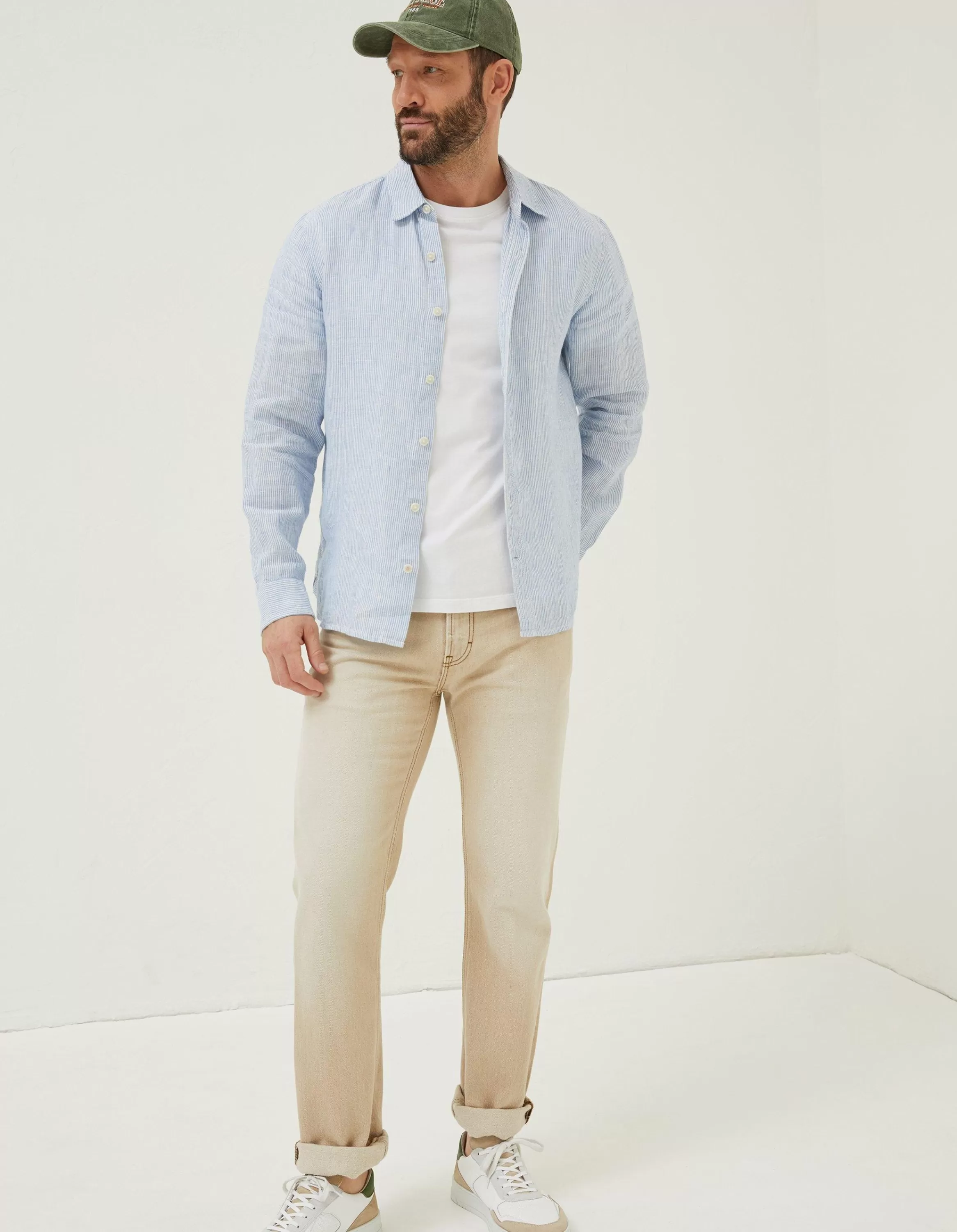 Hot FatFace Stripe Linen Shirt Chambray Blue