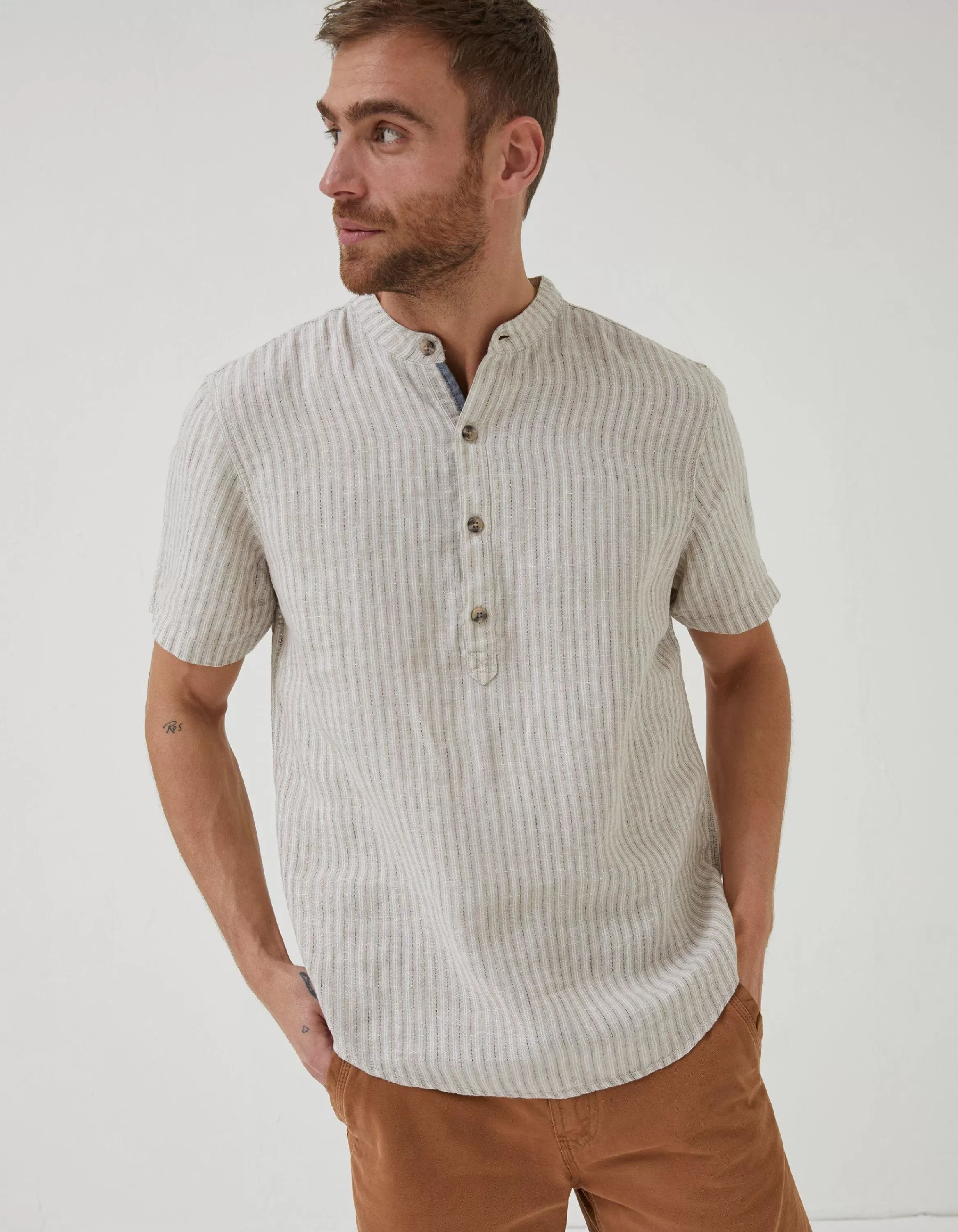 New FatFace Stripe Pop Over Linen Shirt Natural