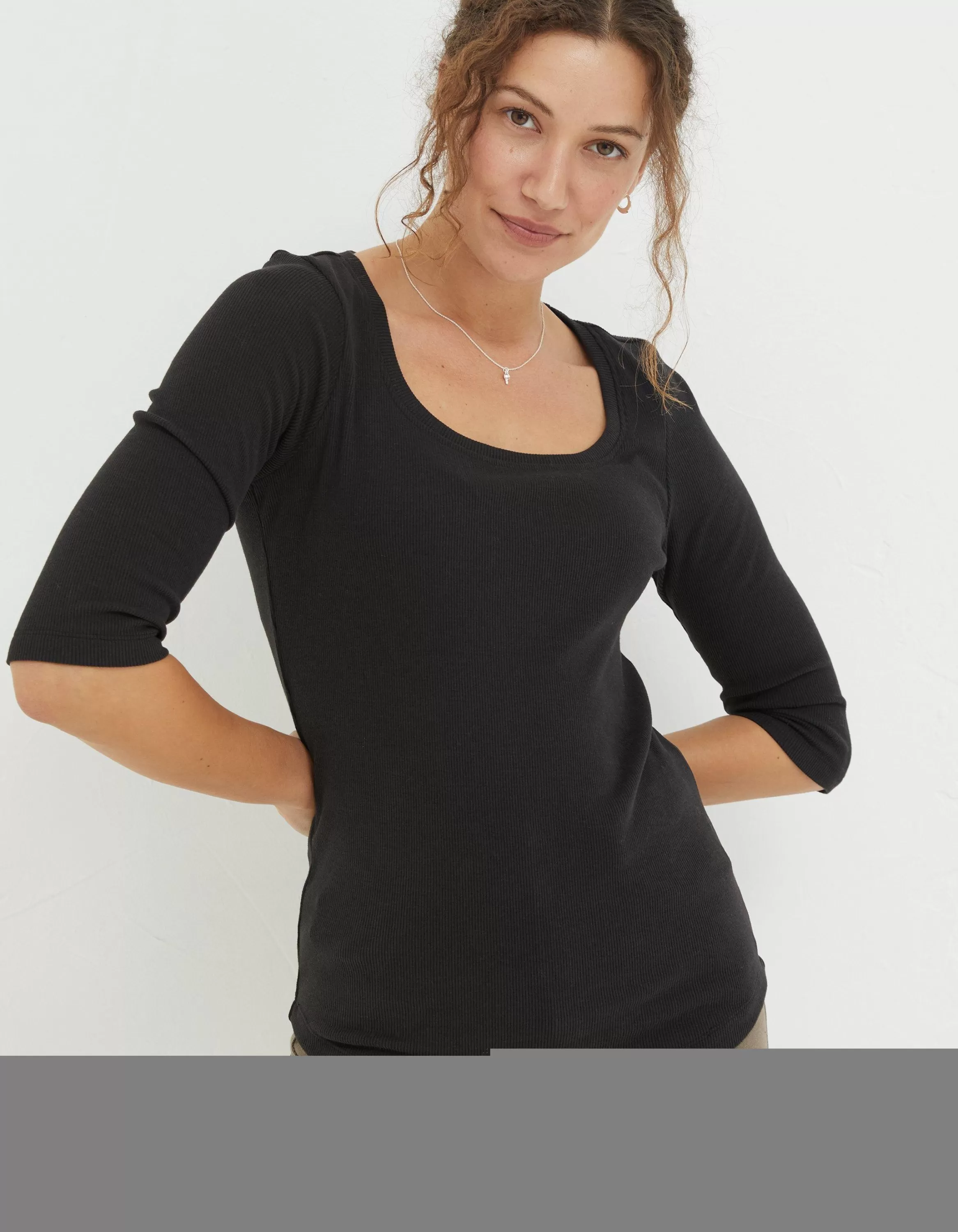 Hot FatFace Susie Square Neck Rib Top Black