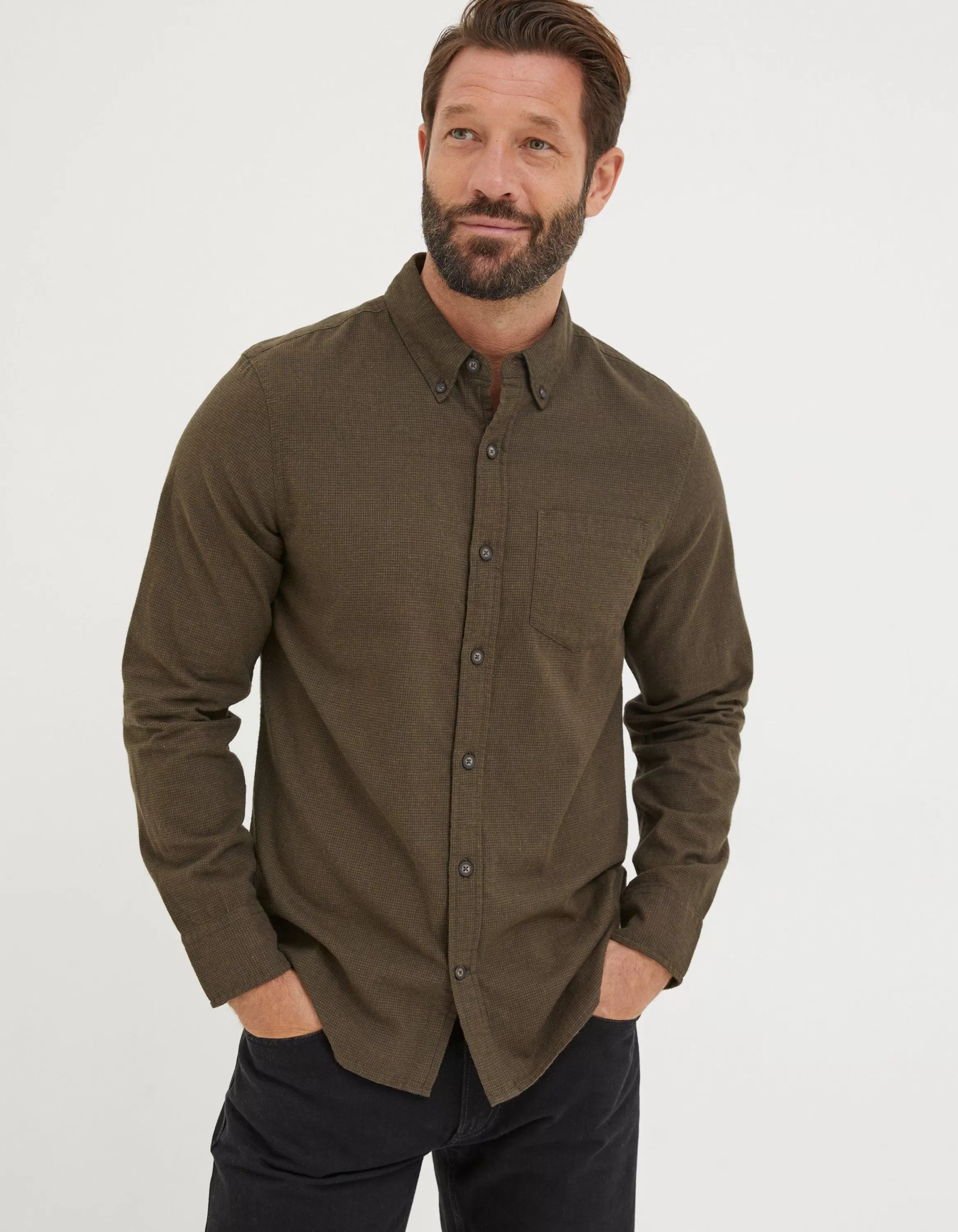 Sale FatFace Tadlow Puppytooth Shirt Olive Green