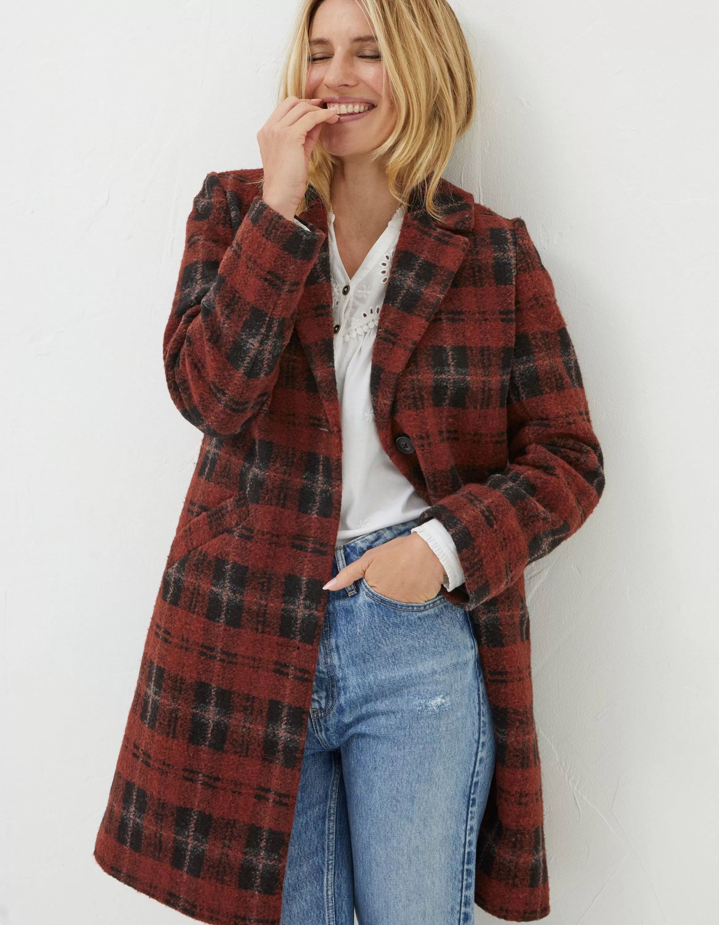 Best FatFace Tanya Wool Blend Check Coat Rust Red