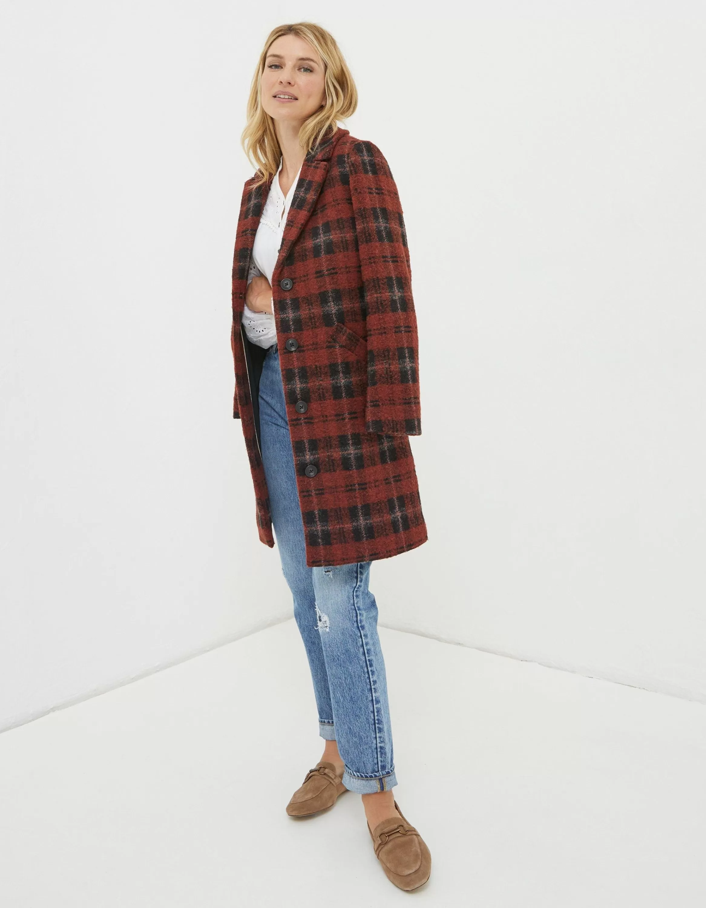 Best FatFace Tanya Wool Blend Check Coat Rust Red