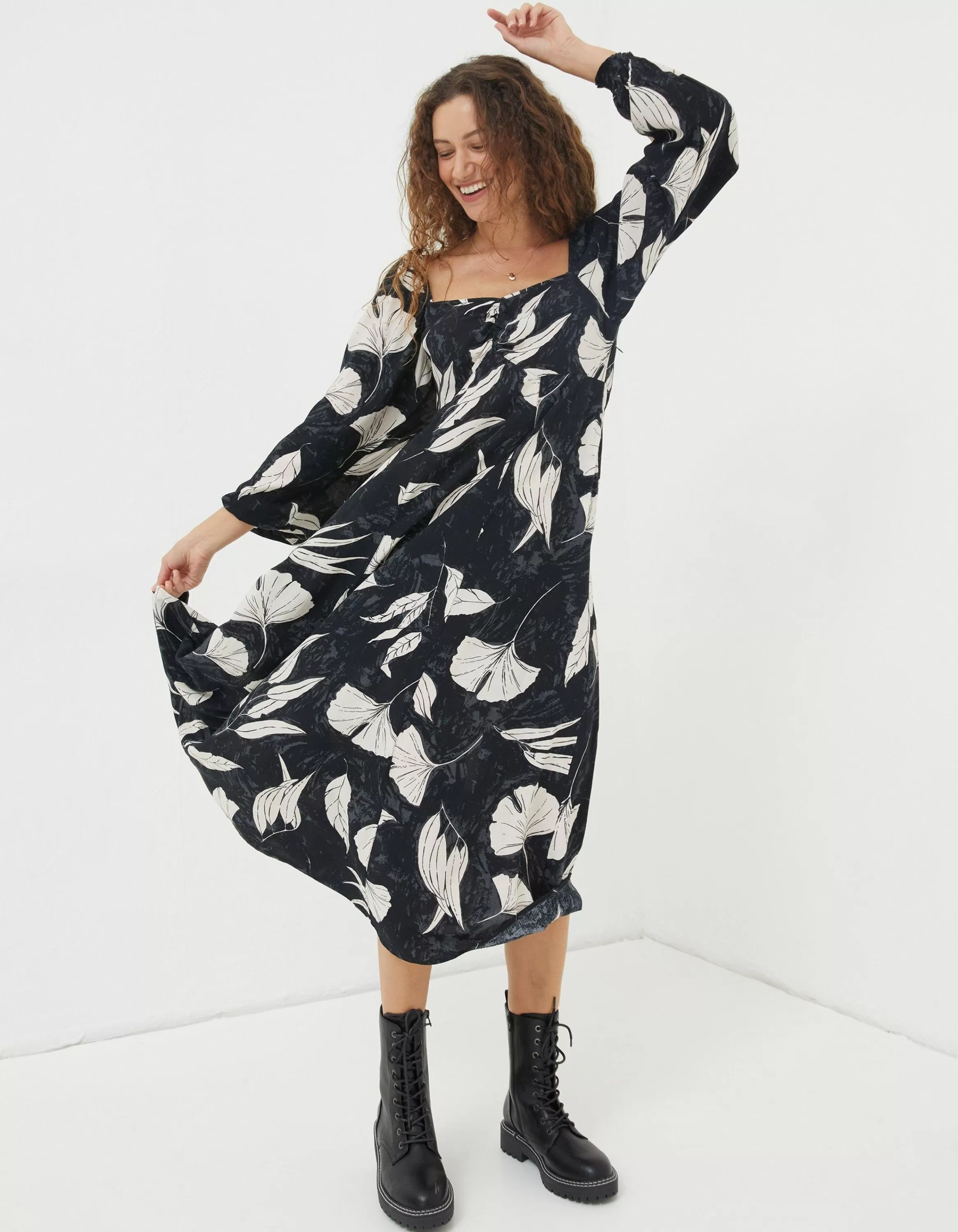 Shop FatFace Tessa Twilight Leaves Midi Dress Black