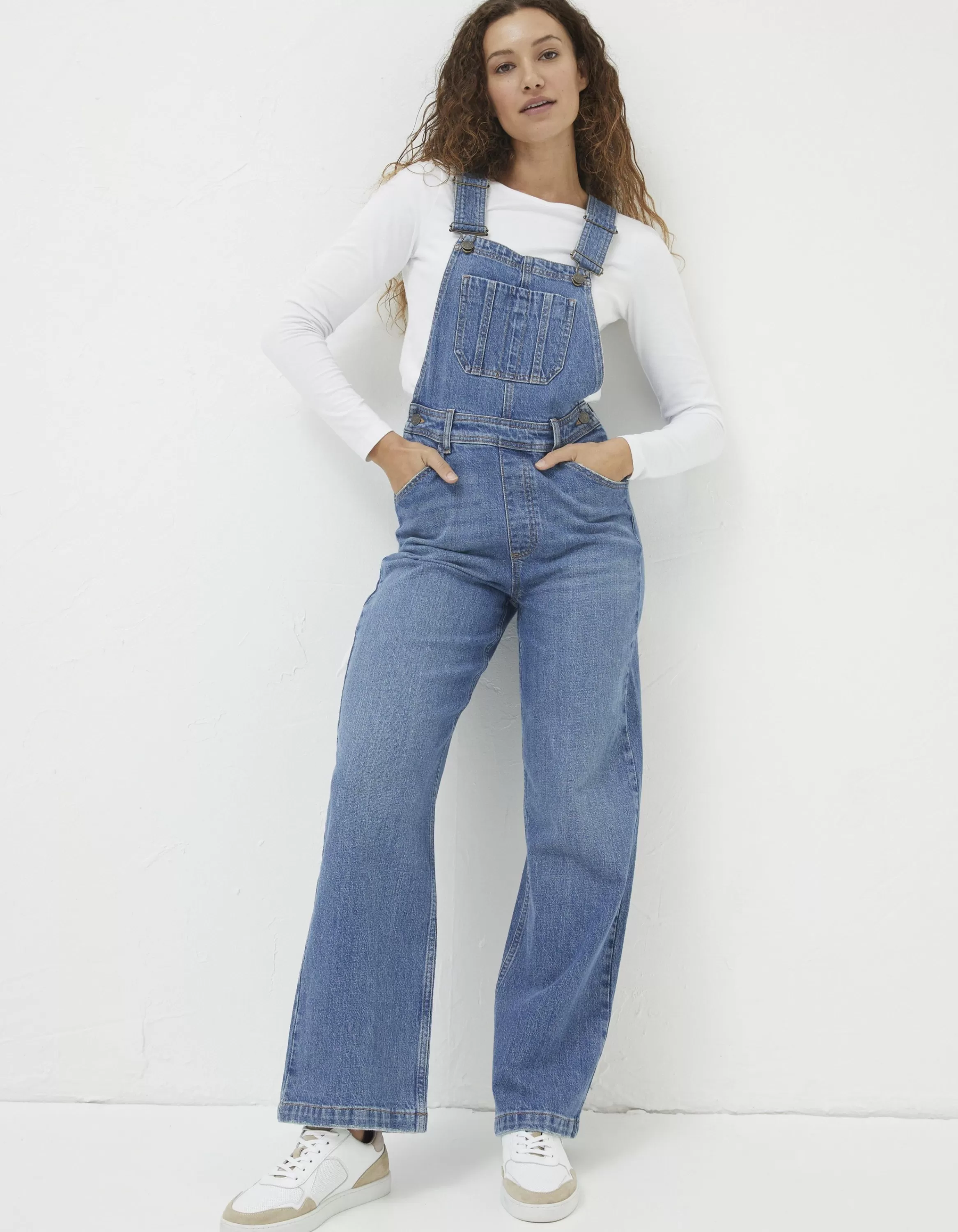 Online FatFace Tetbury Wide Leg Dungarees Mid Blue