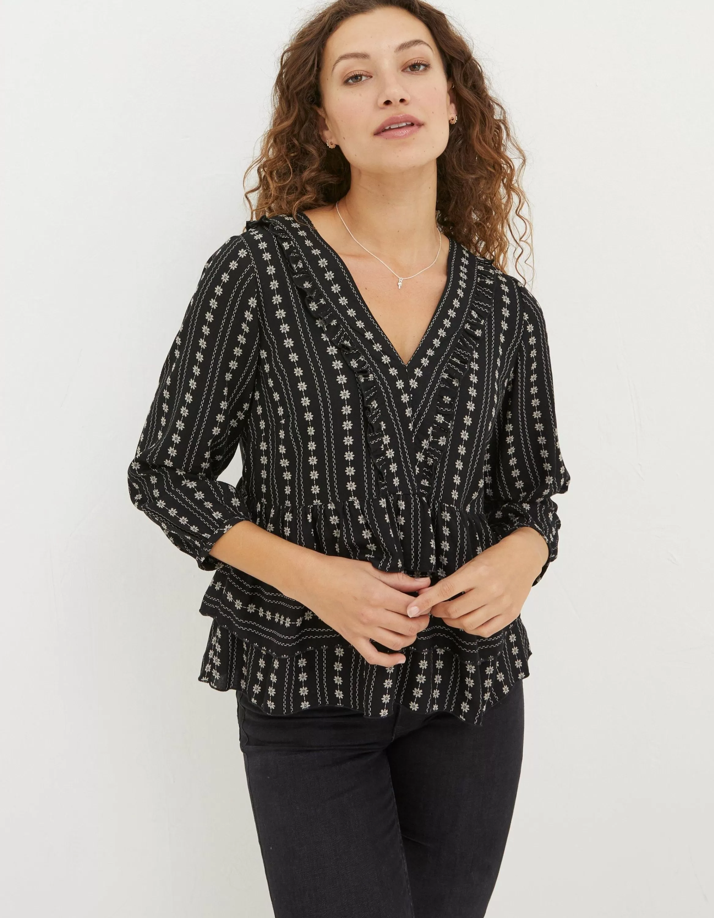 New FatFace Tibby Frill Floral Blouse Black