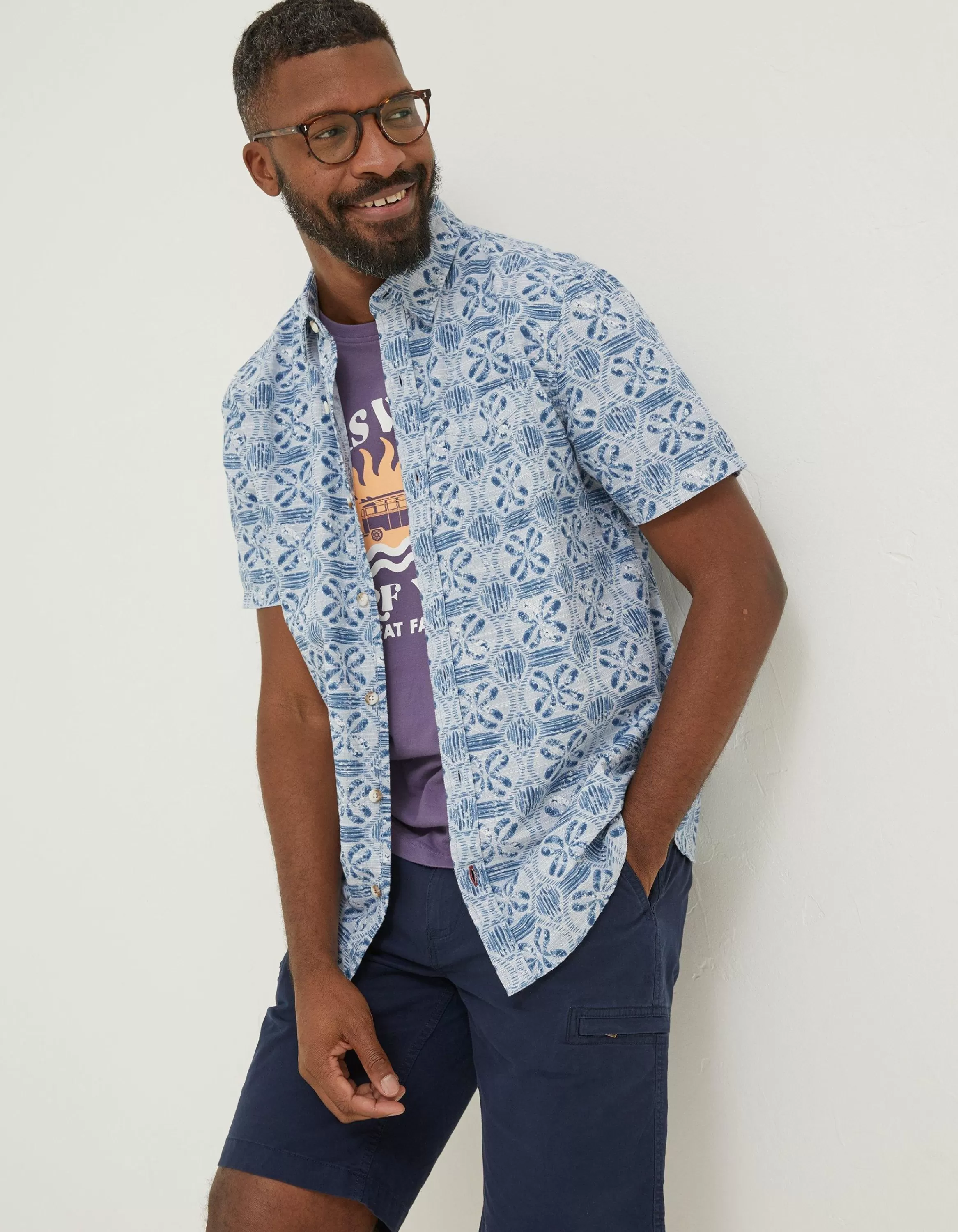 Clearance FatFace Tile Print Shirt Washed Blue