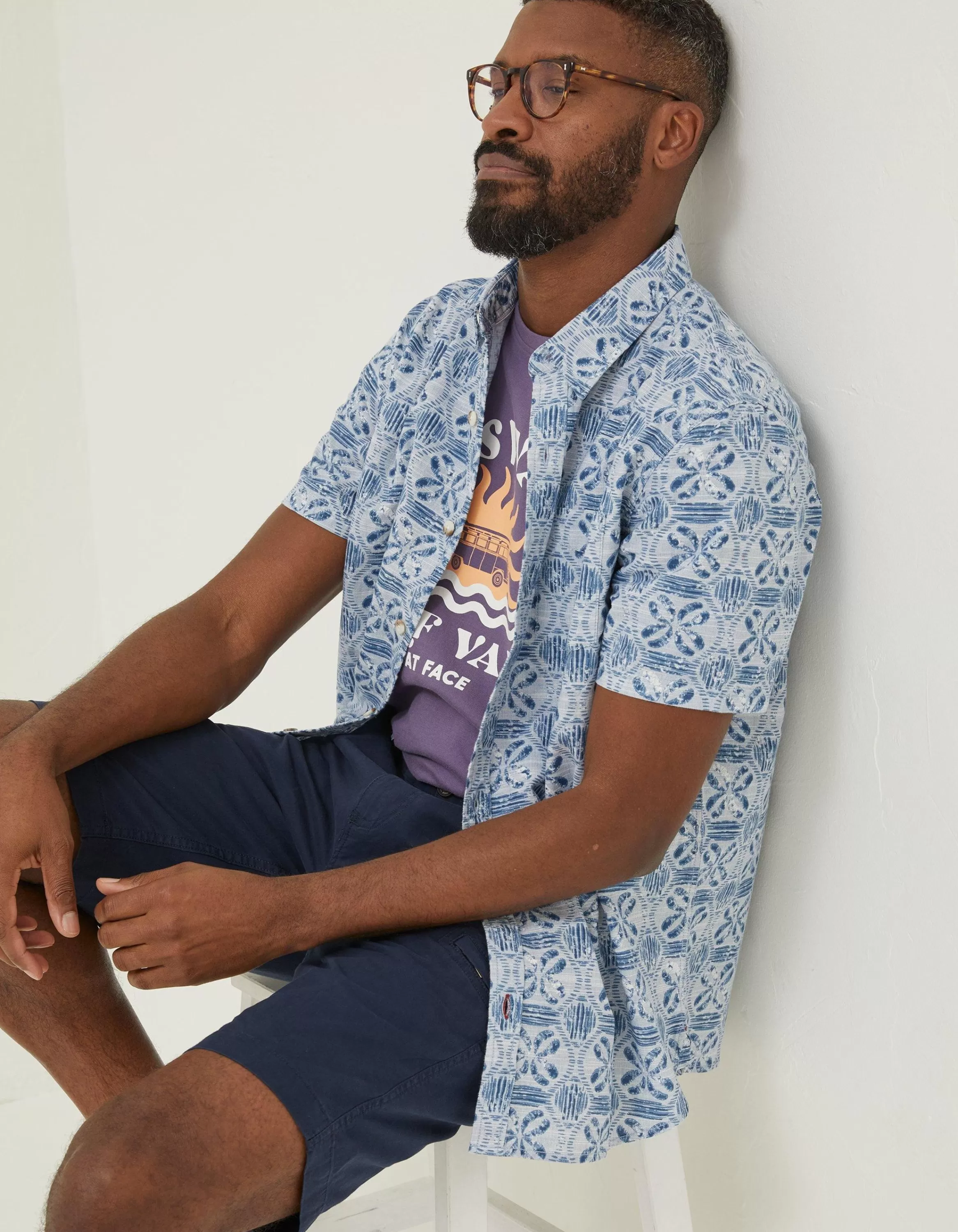 Clearance FatFace Tile Print Shirt Washed Blue