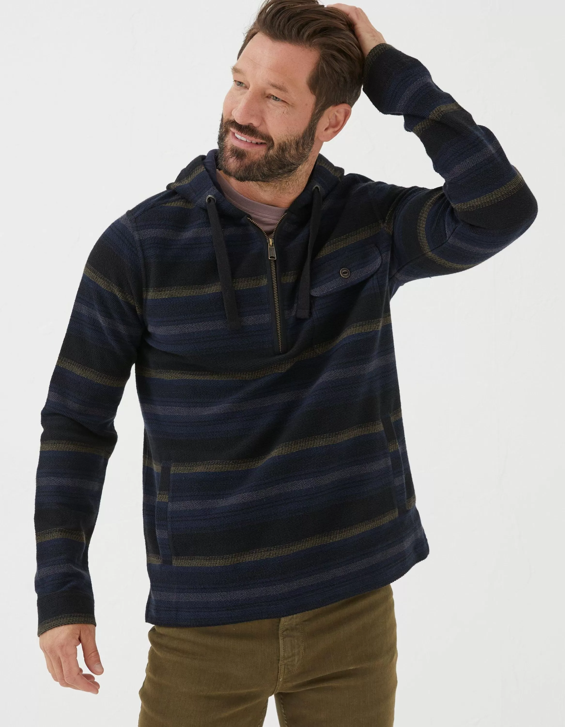 Fashion FatFace Trescowe Stripe Half Zip Hoodie Navy