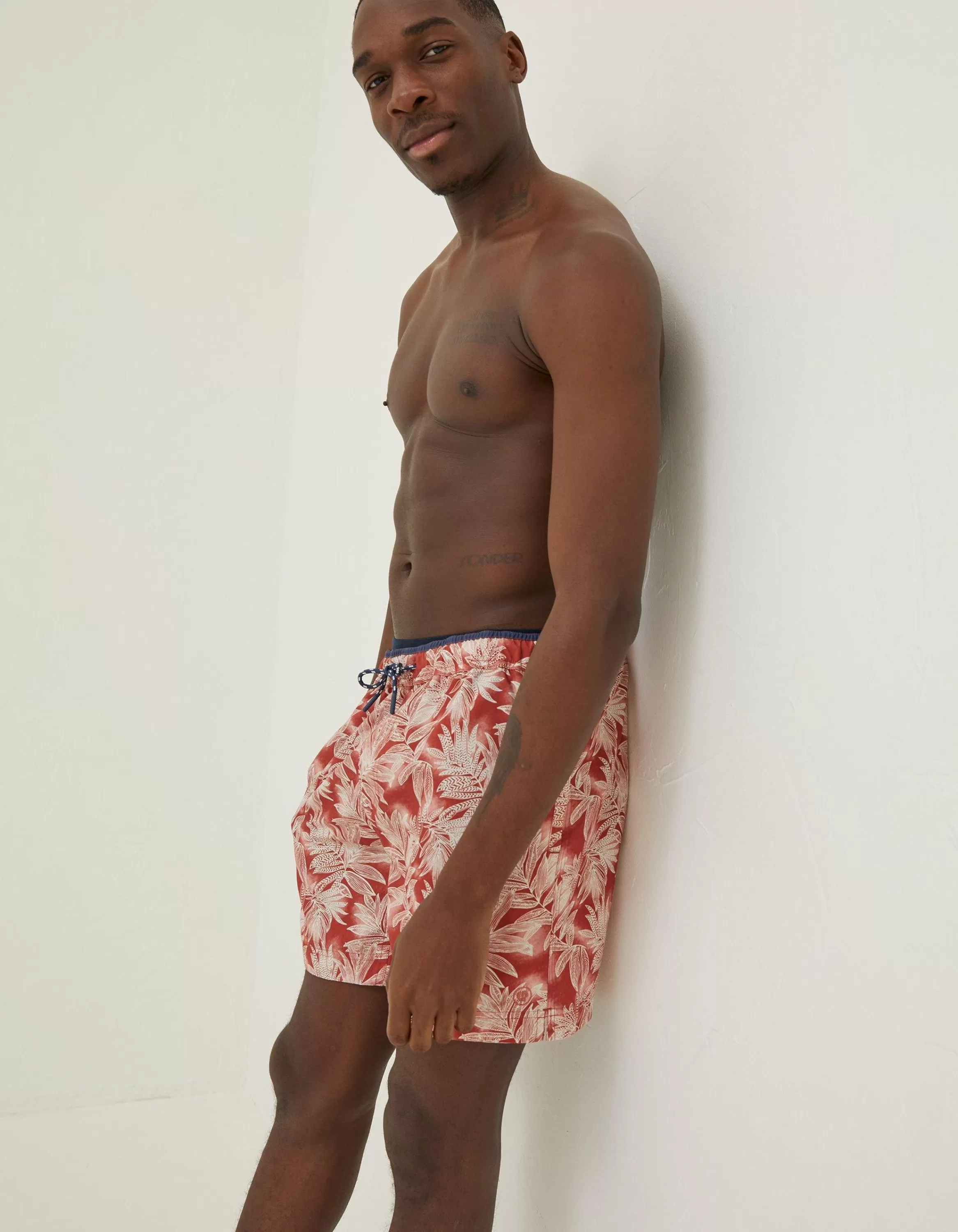 Discount FatFace Trevose Leaf Print Swim Shorts Rust Red