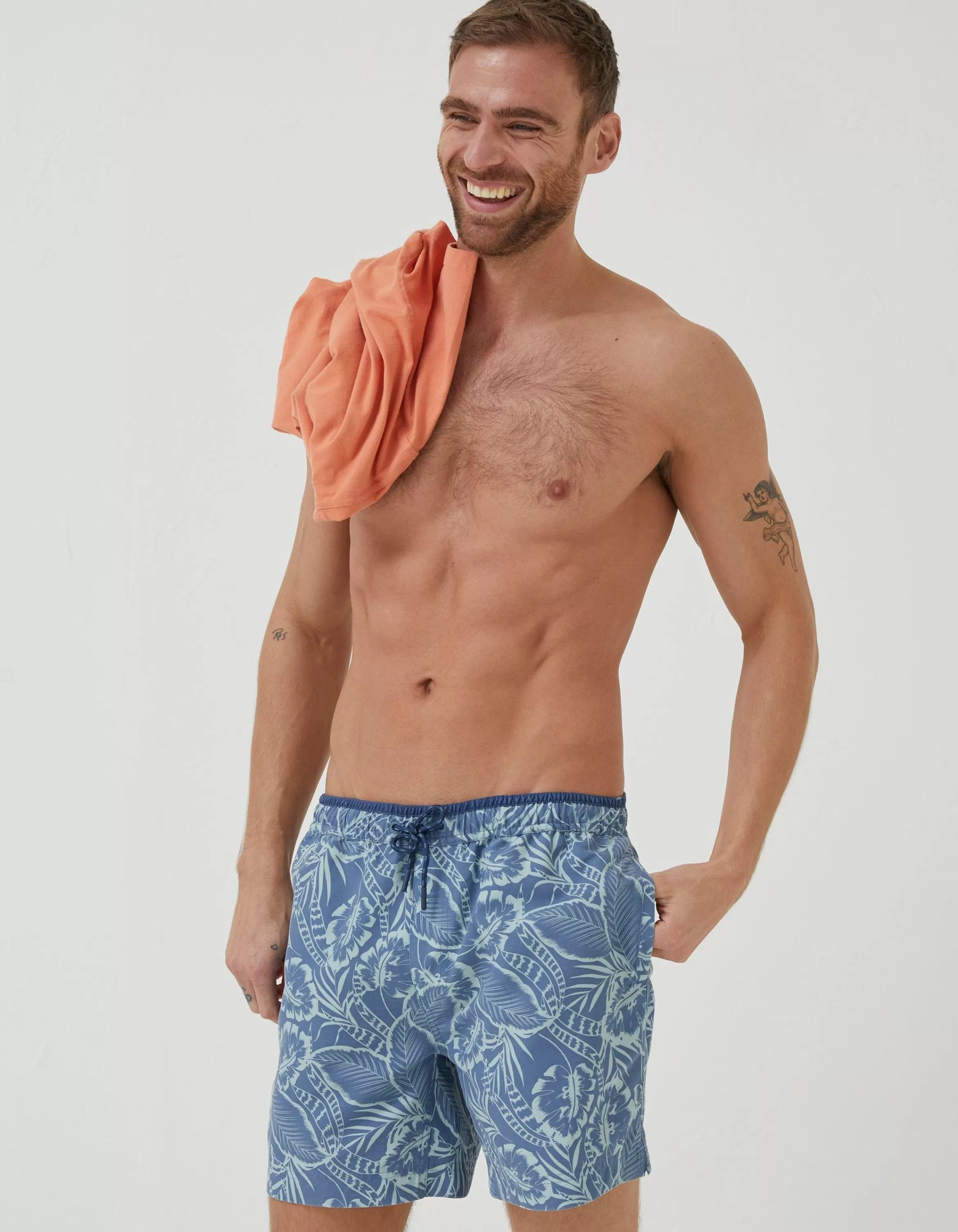 Shop FatFace Trevose Palm Print Swim Shorts Washed Blue