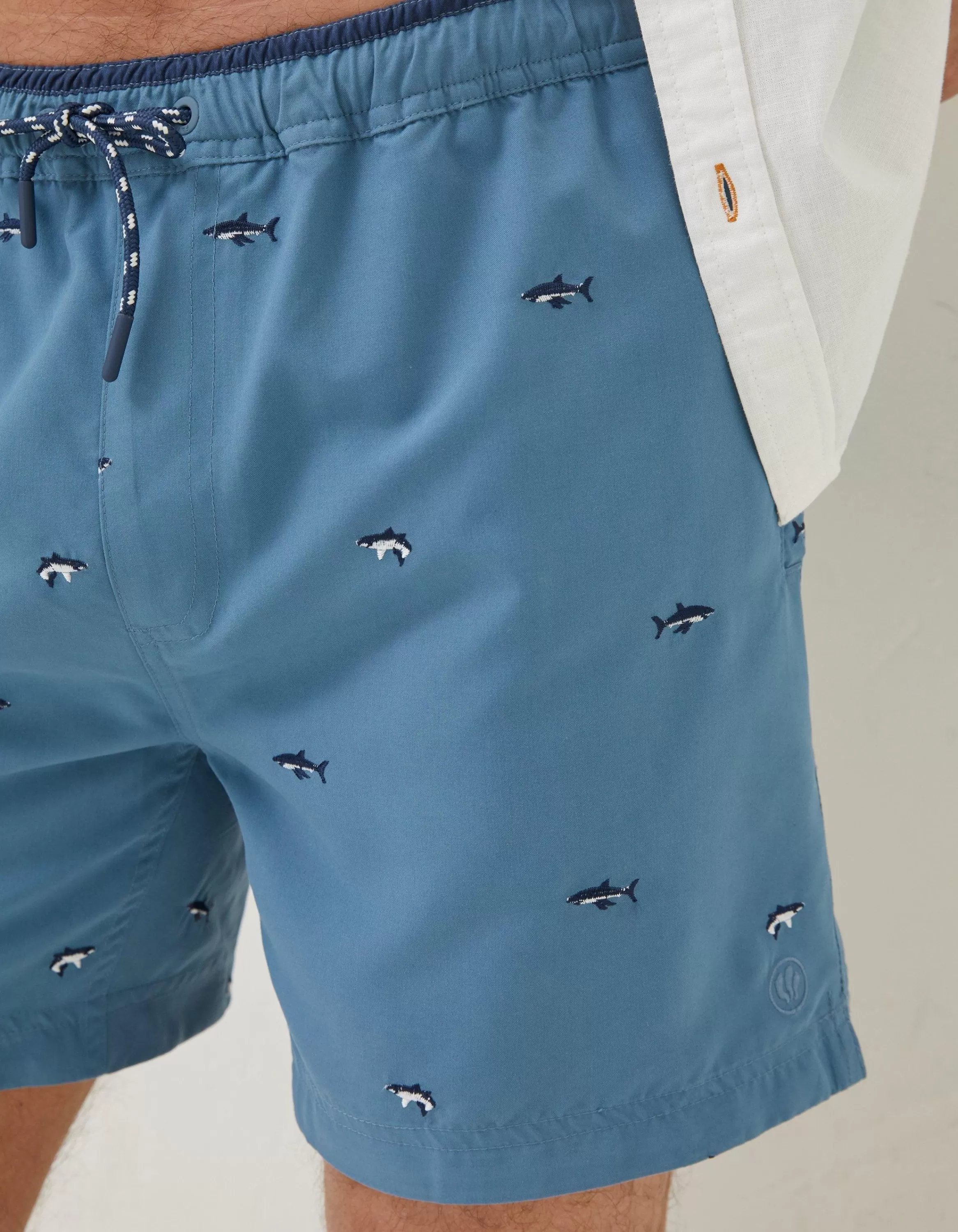 Fashion FatFace Trevose Shark Swim Shorts Washed Blue