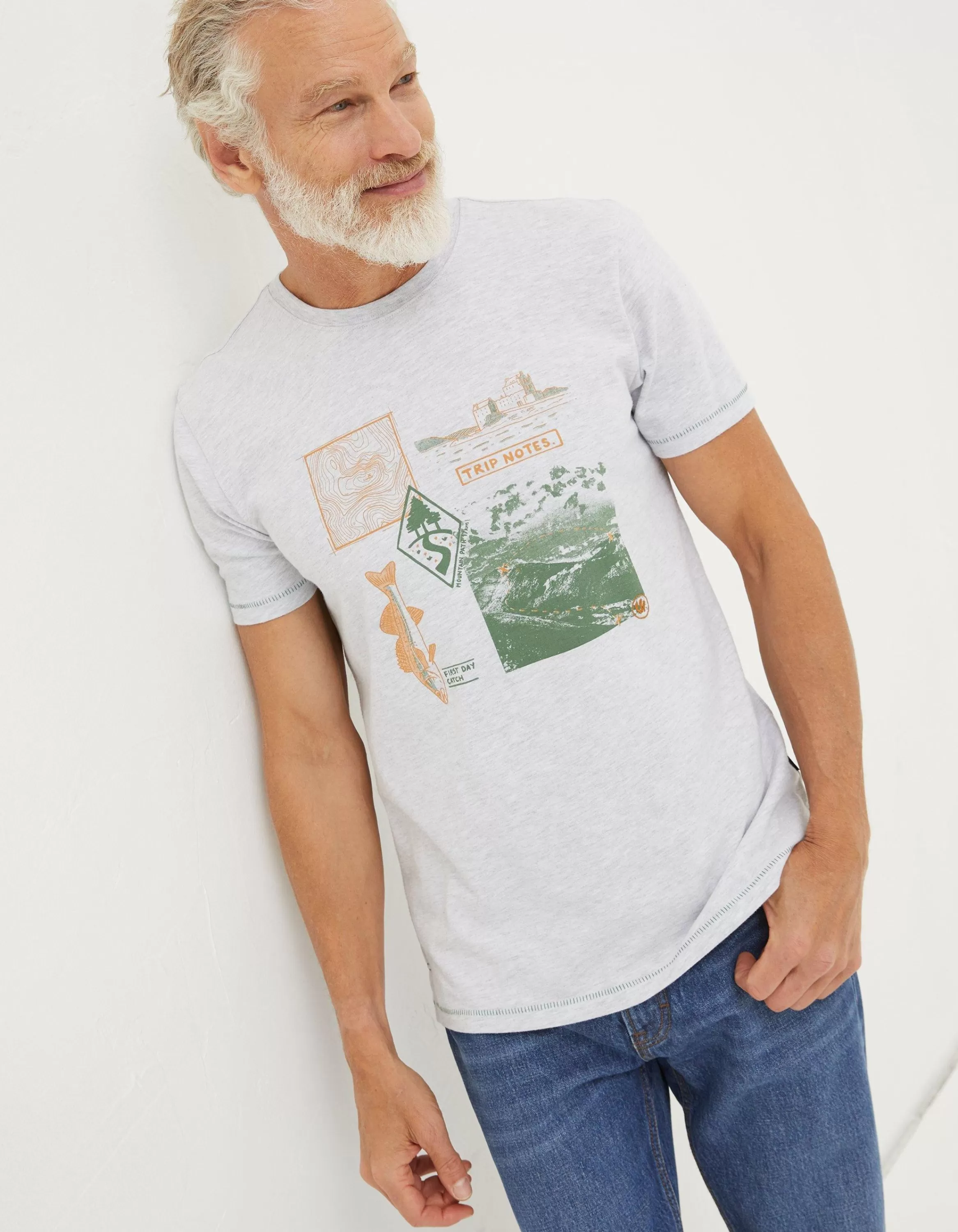 Shop FatFace Trip Notes Printed T-Shirt Light Grey