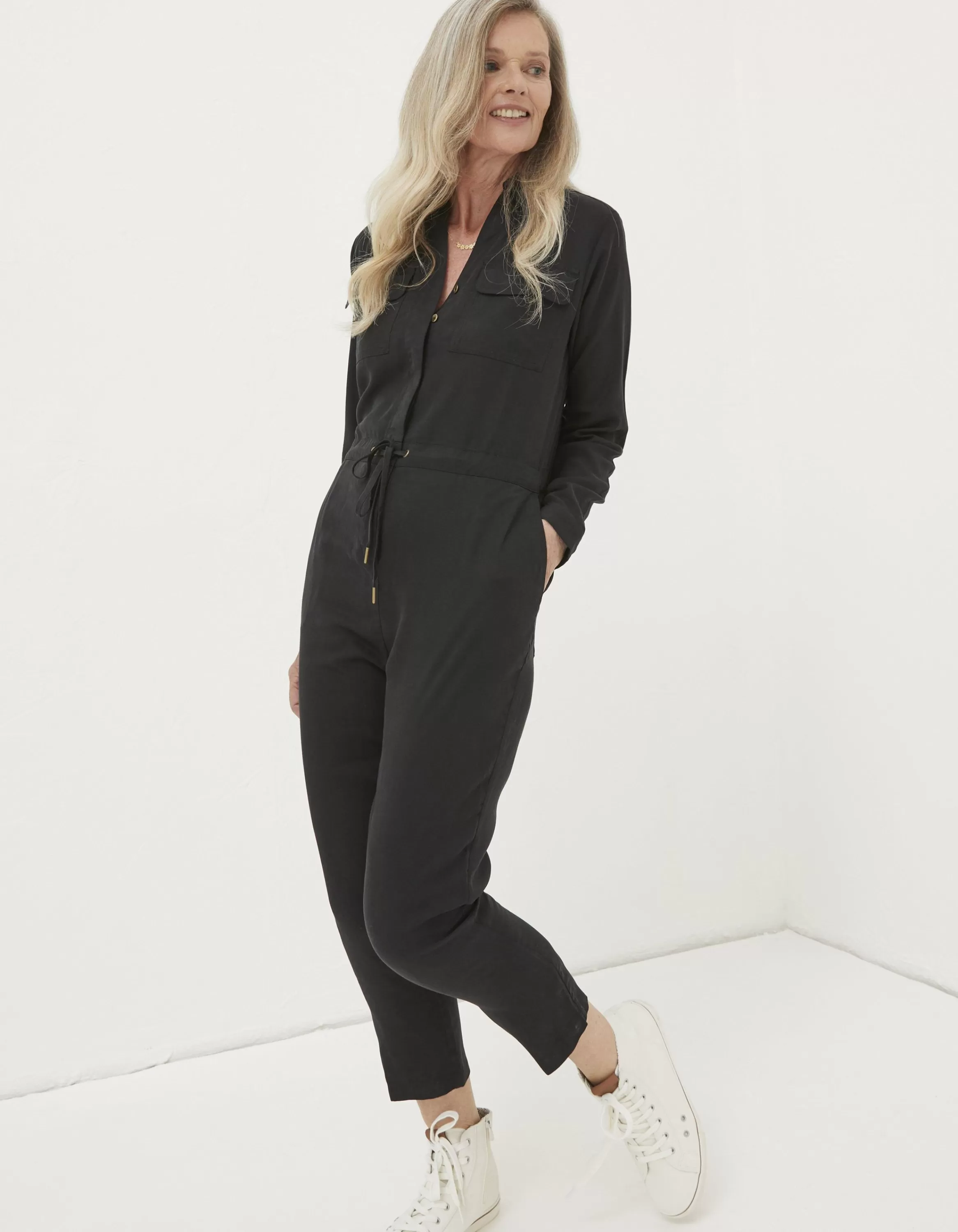 New FatFace Una Long Sleeve Utility Jumpsuit Black