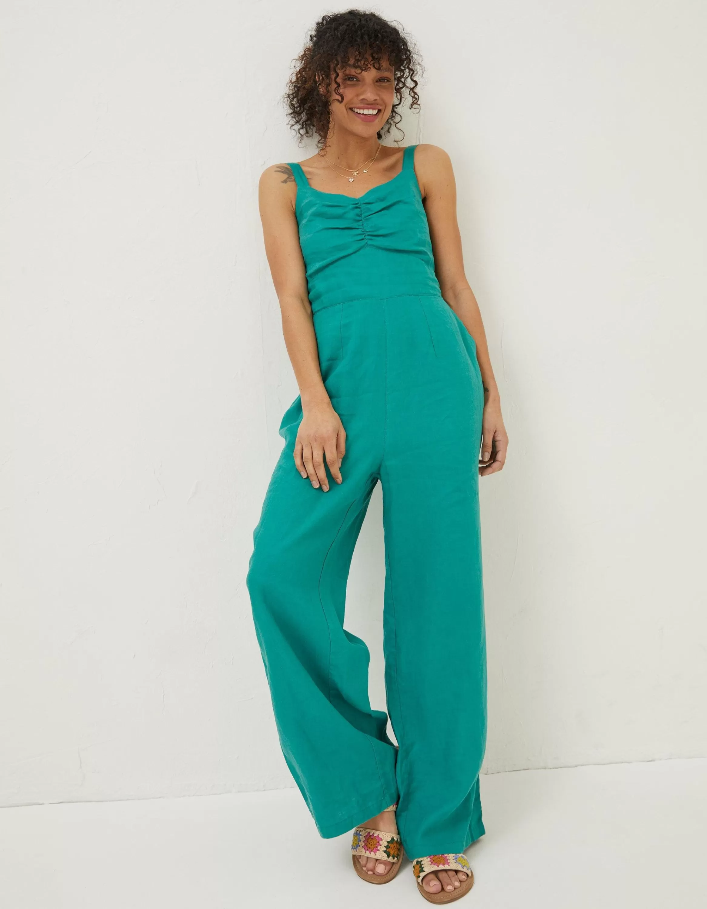 Fashion FatFace Vic Linen Jumpsuit Teal Green