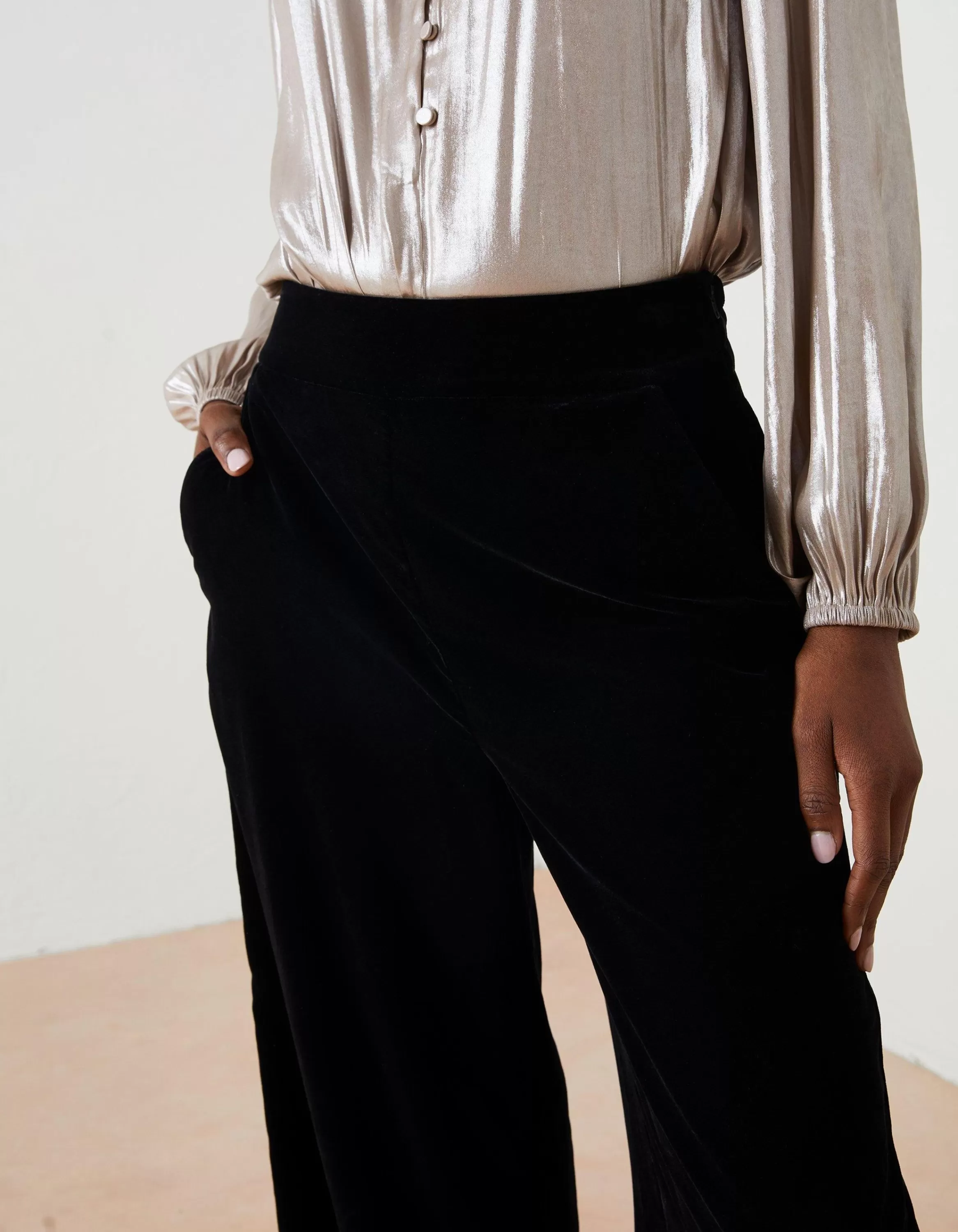 Cheap FatFace Wide Leg Velvet Trousers Black