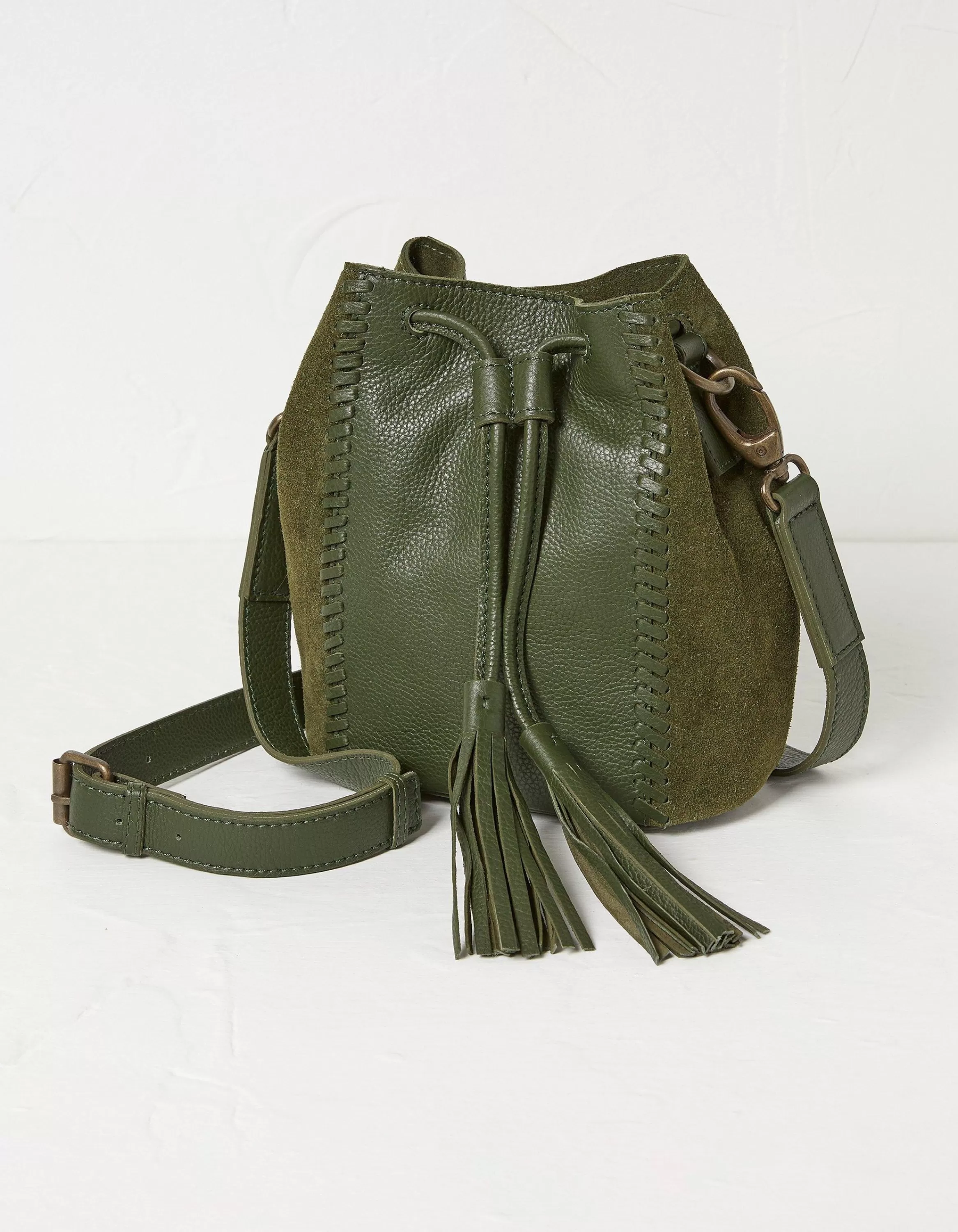 Clearance FatFace Winalie Leather Mini Bucket Bag Khaki Green