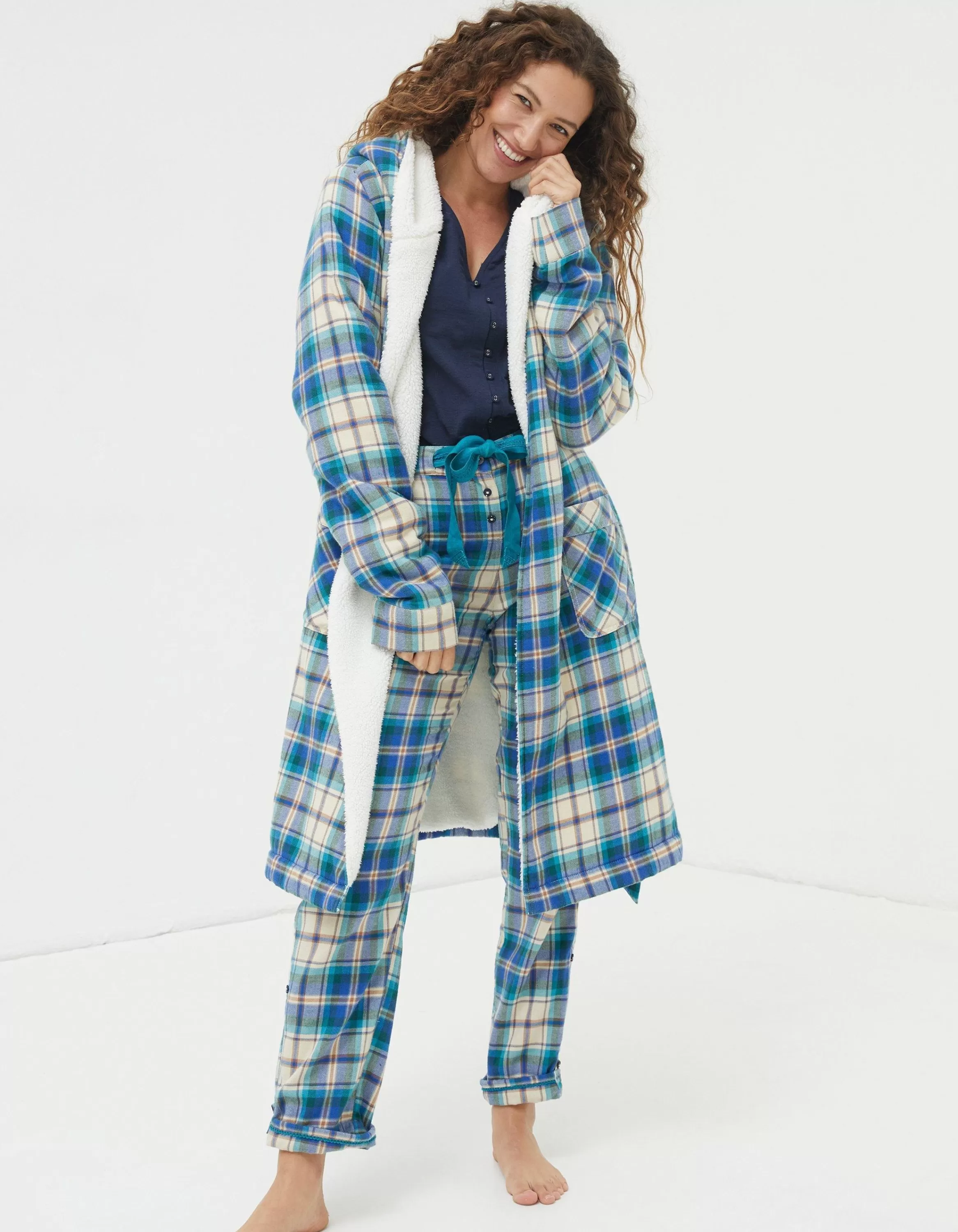 Cheap FatFace Winter Check Robe Cobalt Blue