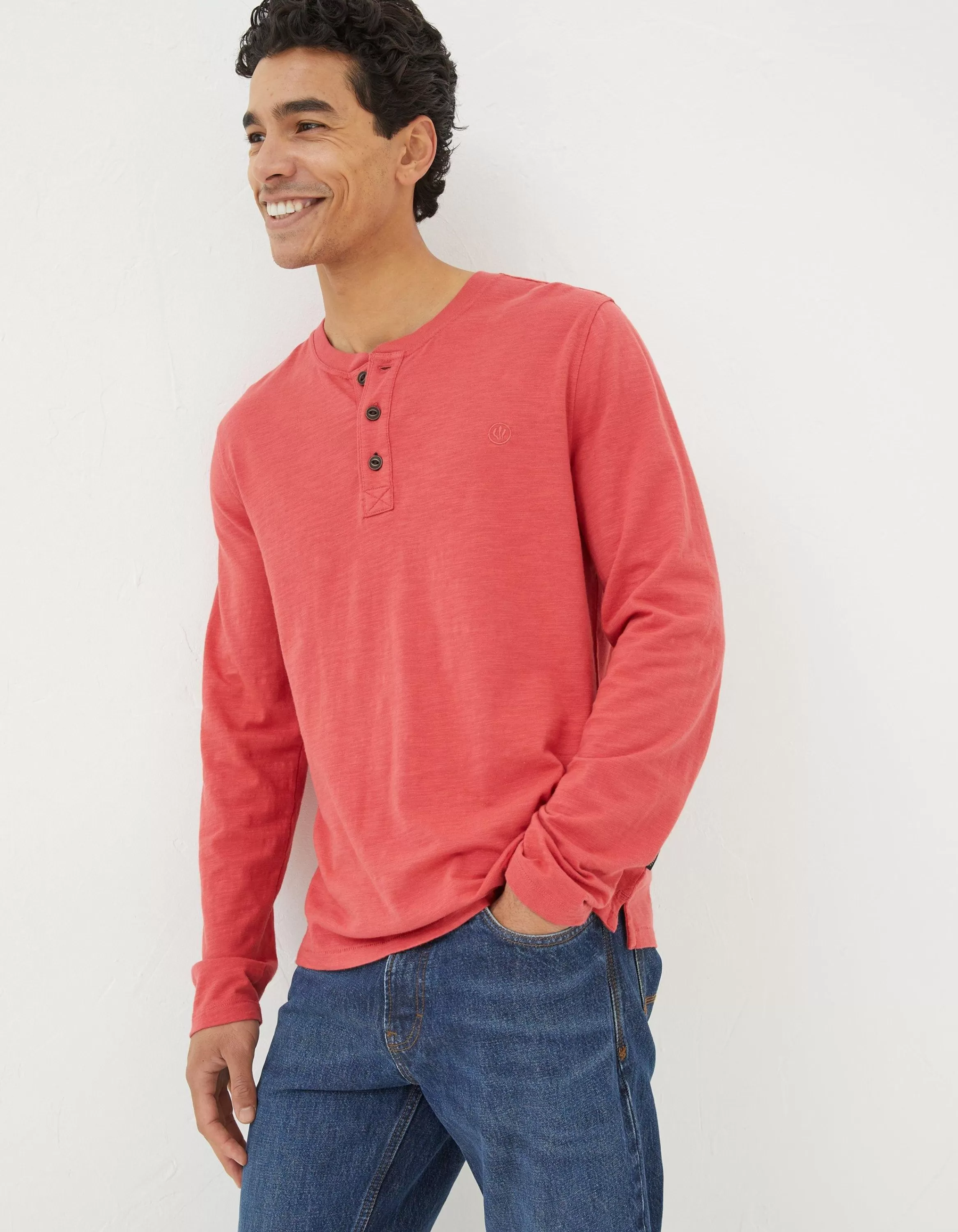 Cheap FatFace Woodside Slub Cotton Henley Coral Pink