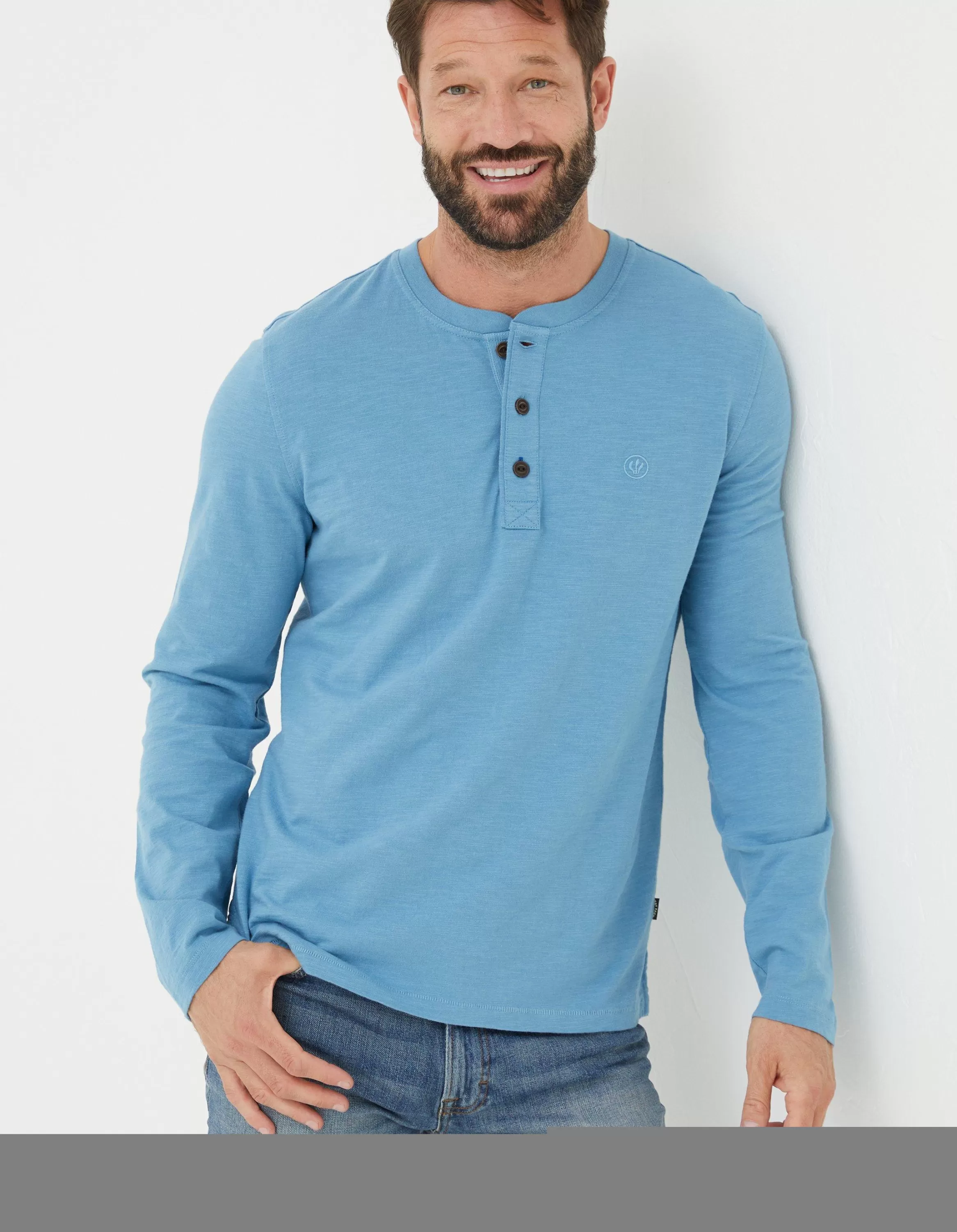 New FatFace Woodside Slub Henley Washed Blue